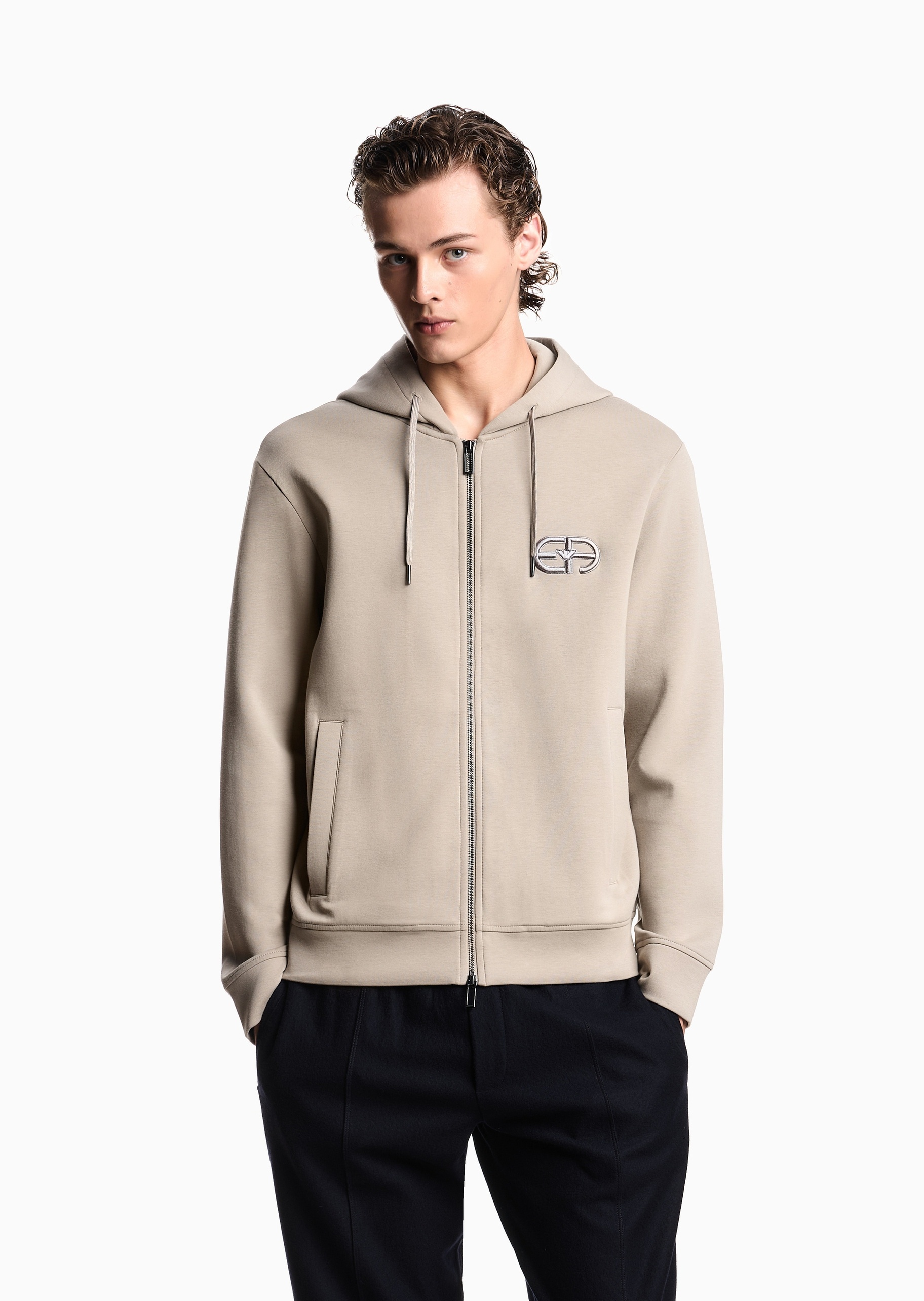 Emporio Armani 男士休闲刺绣拉链开衫连帽卫衣夹克外套