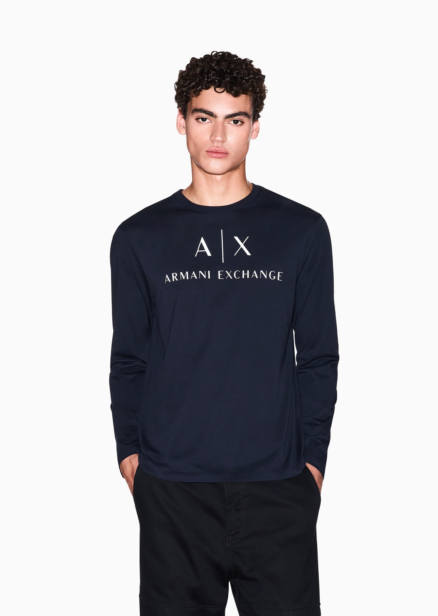 ARMANI EXCHANGE 男士纯棉合身长袖圆领正肩LOGO印花T恤