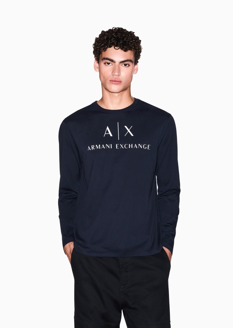 ARMANI EXCHANGE 男士纯棉合身长袖圆领正肩LOGO印花T恤
