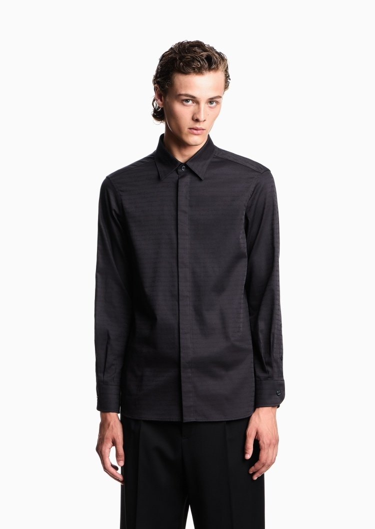 Emporio Armani 男士全棉长袖翻领字母标识纯色衬衫
