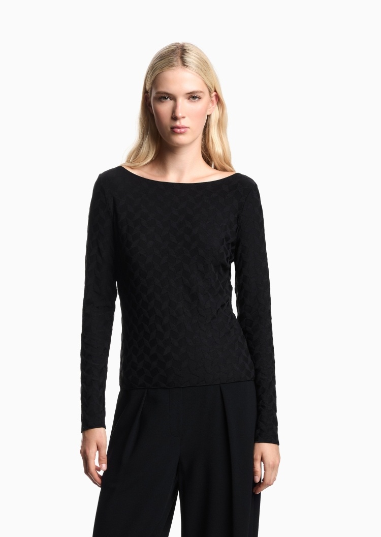Emporio Armani 女士弹力长袖船领纯色提花针织衫