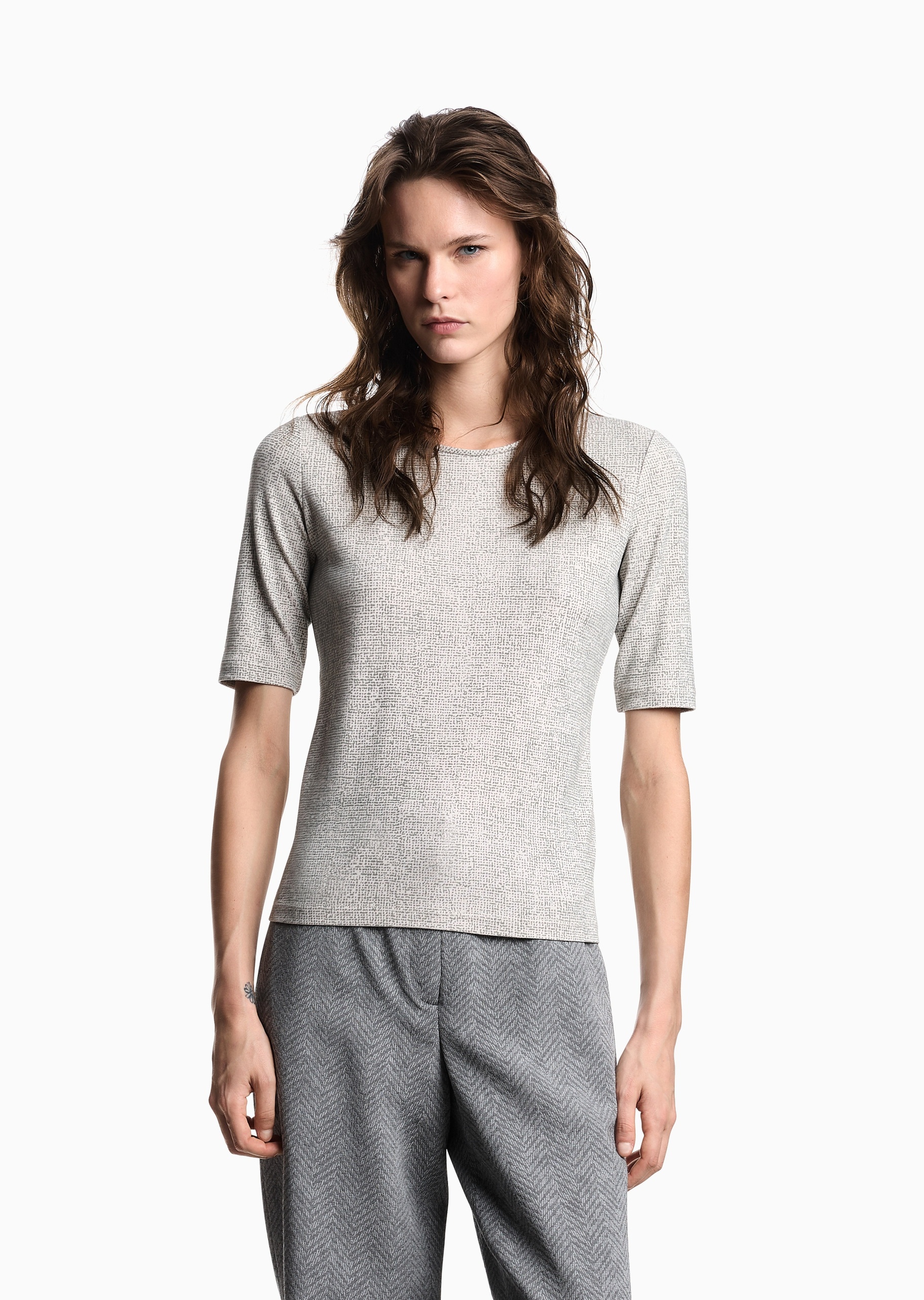 Emporio Armani 女士人造棉修身圆领植绒印花针织衫