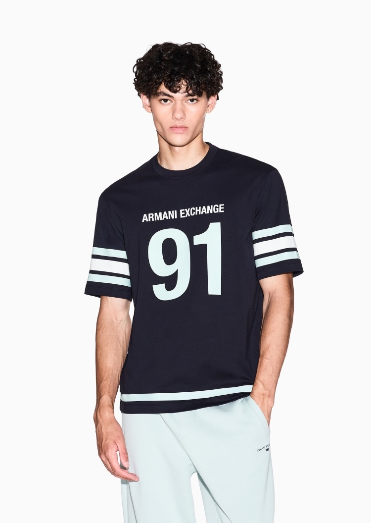 ARMANI EXCHANGE 男士全棉宽松短袖圆领落肩撞色印花轻薄T恤