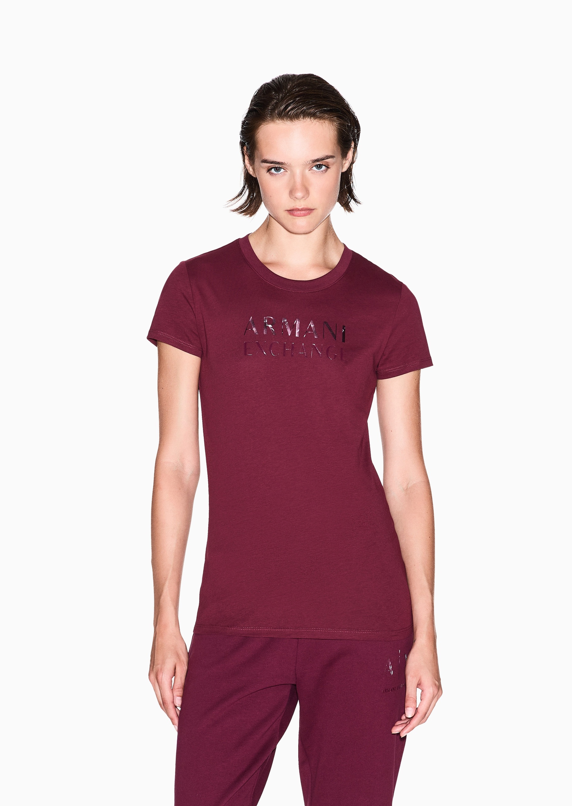 ARMANI EXCHANGE 女士纯棉修身短袖圆领字母印花轻薄T恤