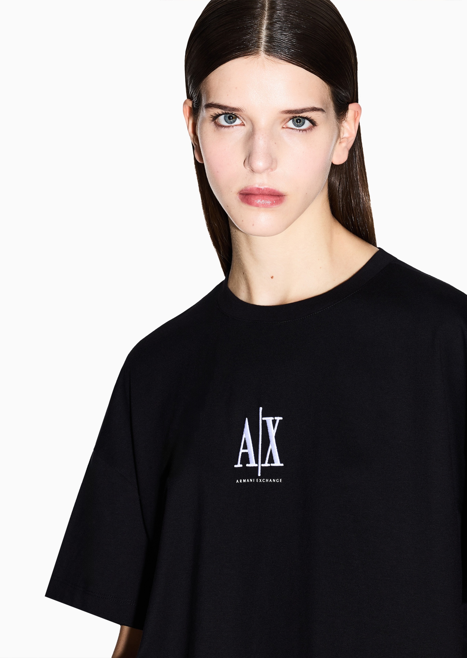 ARMANI EXCHANGE 女士全棉宽松短袖圆领落肩标识刺绣T恤