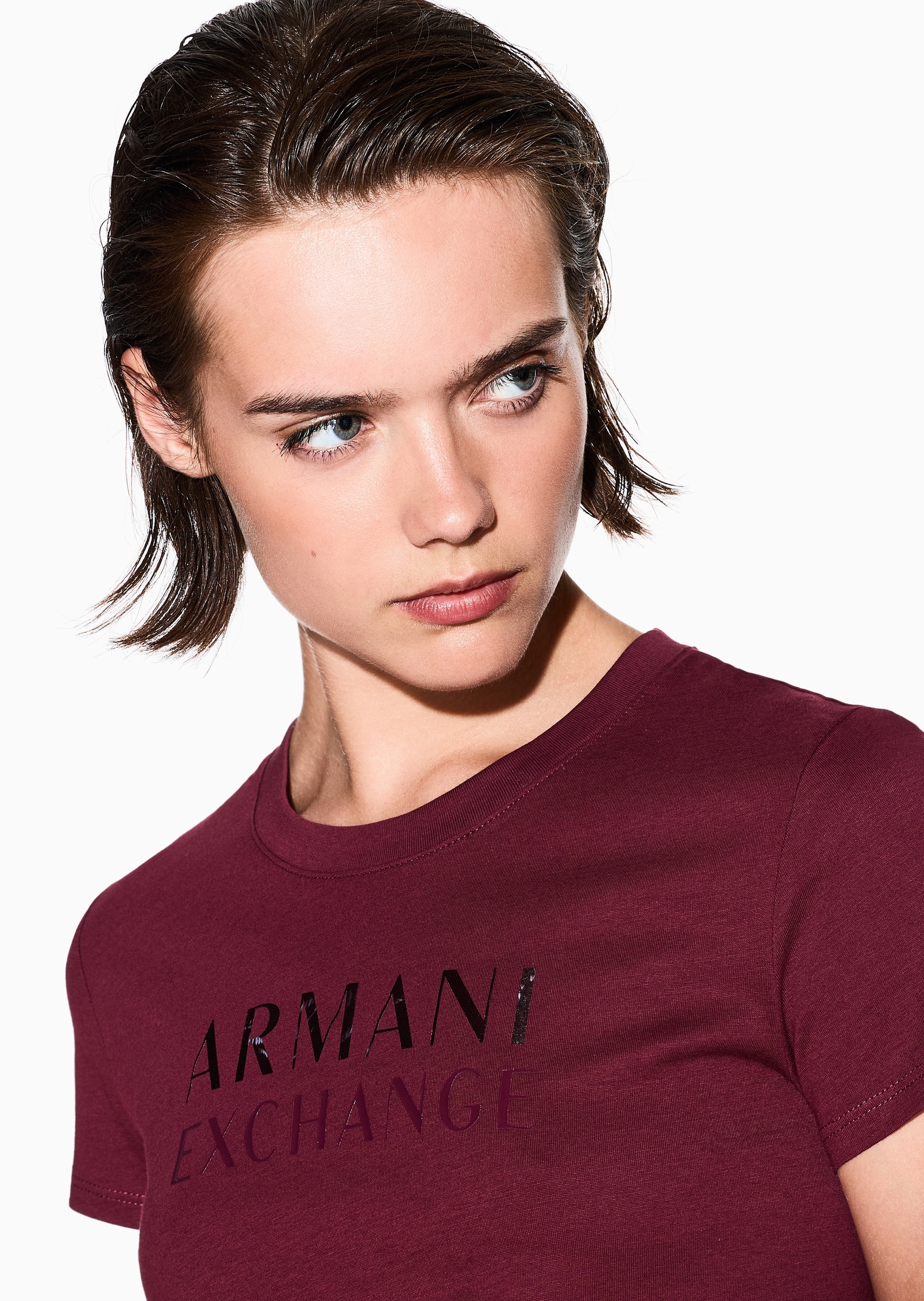 ARMANI EXCHANGE 女士纯棉修身短袖圆领字母印花轻薄T恤