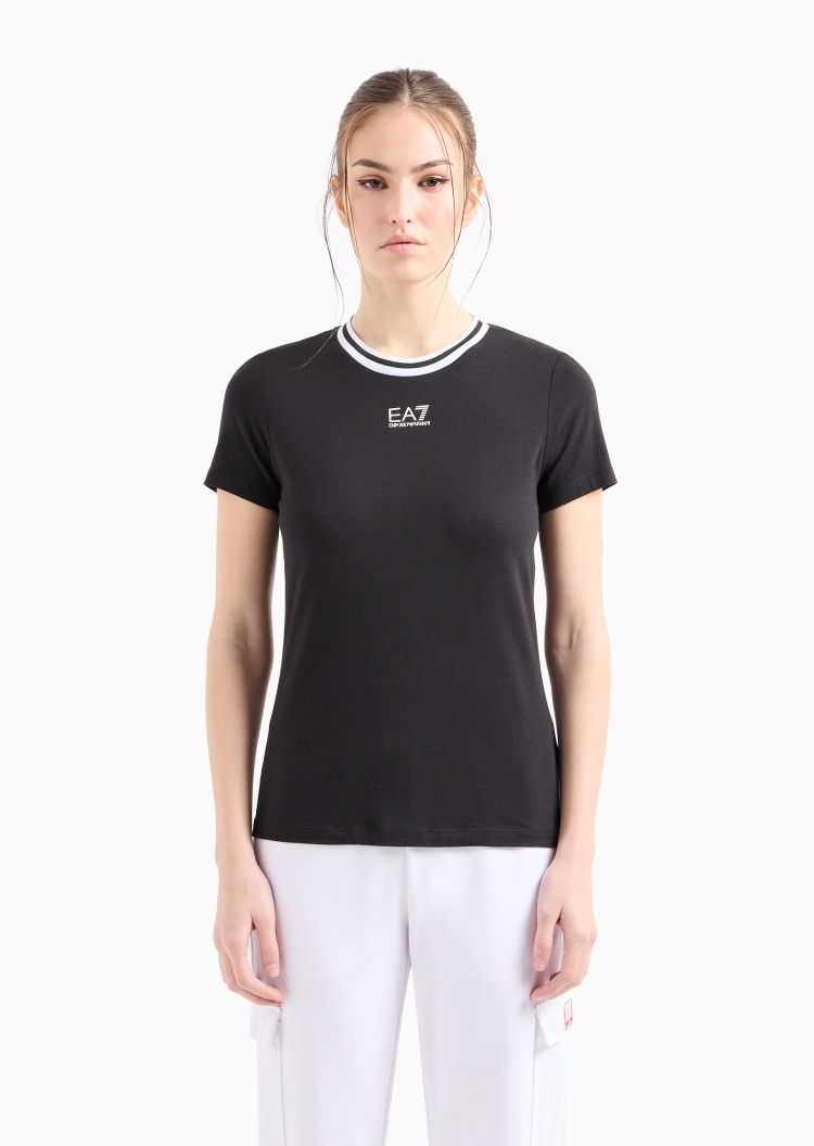 EA7 女士棉质弹力合身短袖圆领条纹饰边健身T恤