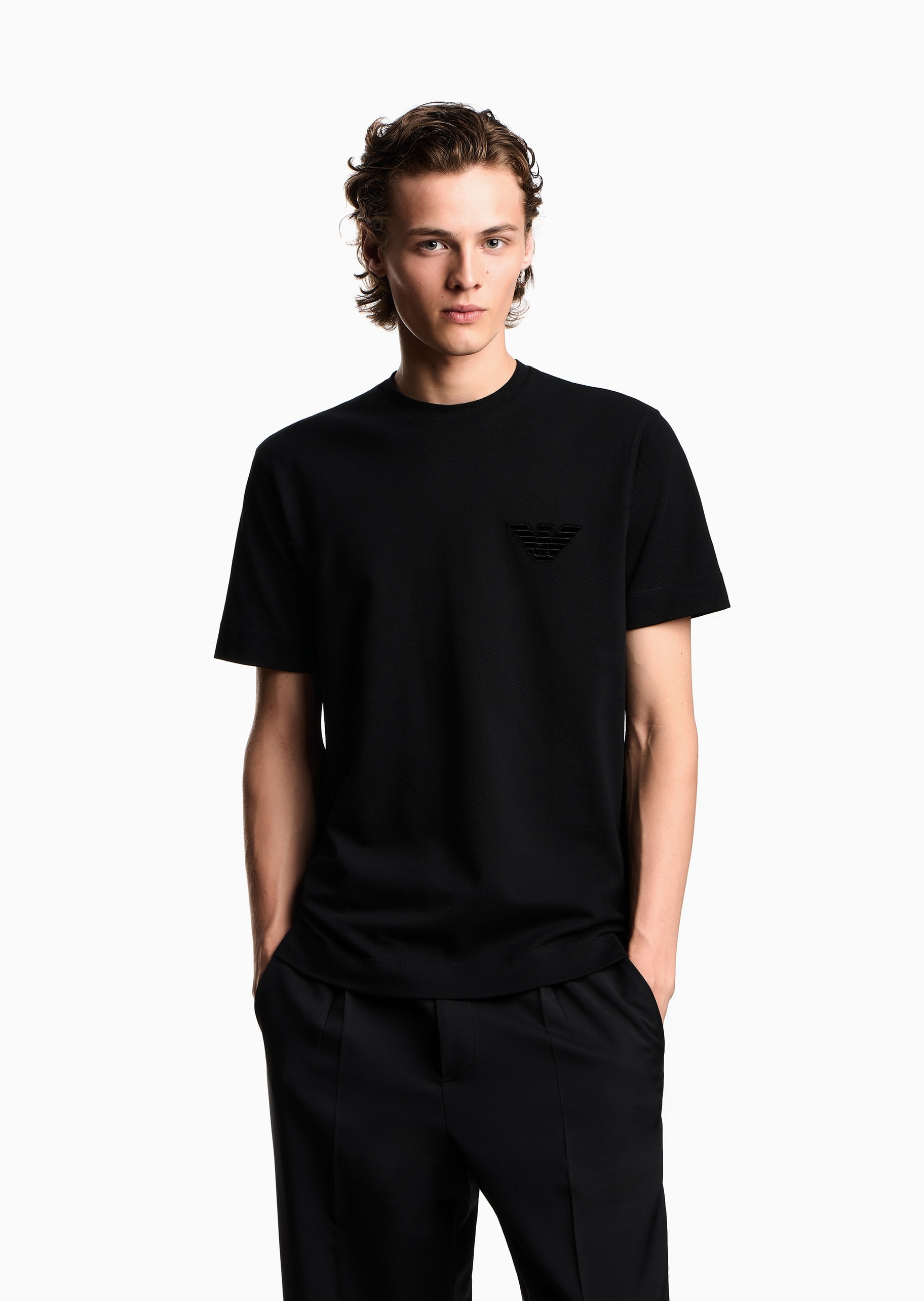 Emporio Armani 男士珠地全棉合身短袖圆领鹰标刺绣T恤