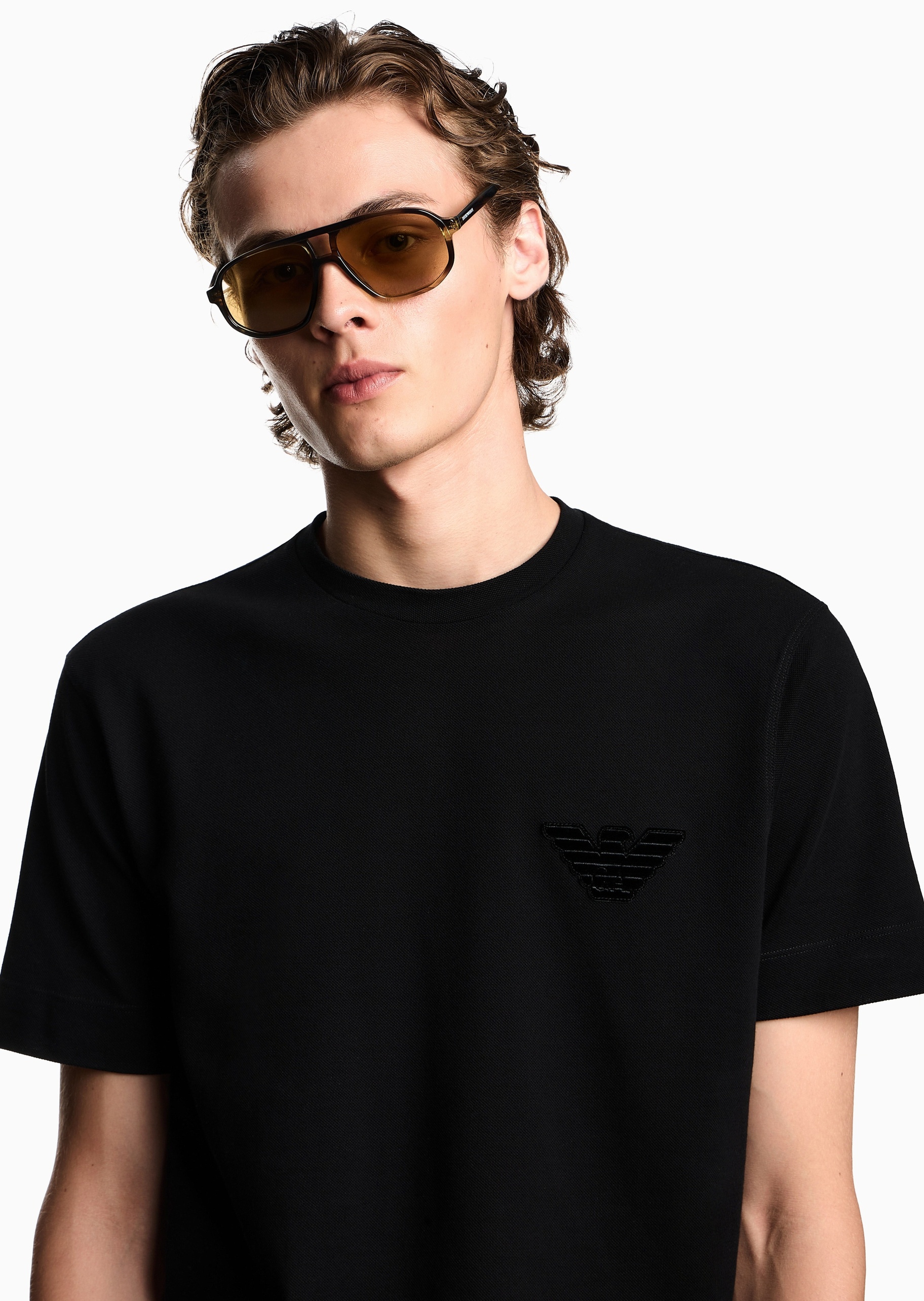 Emporio Armani 男士珠地全棉合身短袖圆领鹰标刺绣T恤