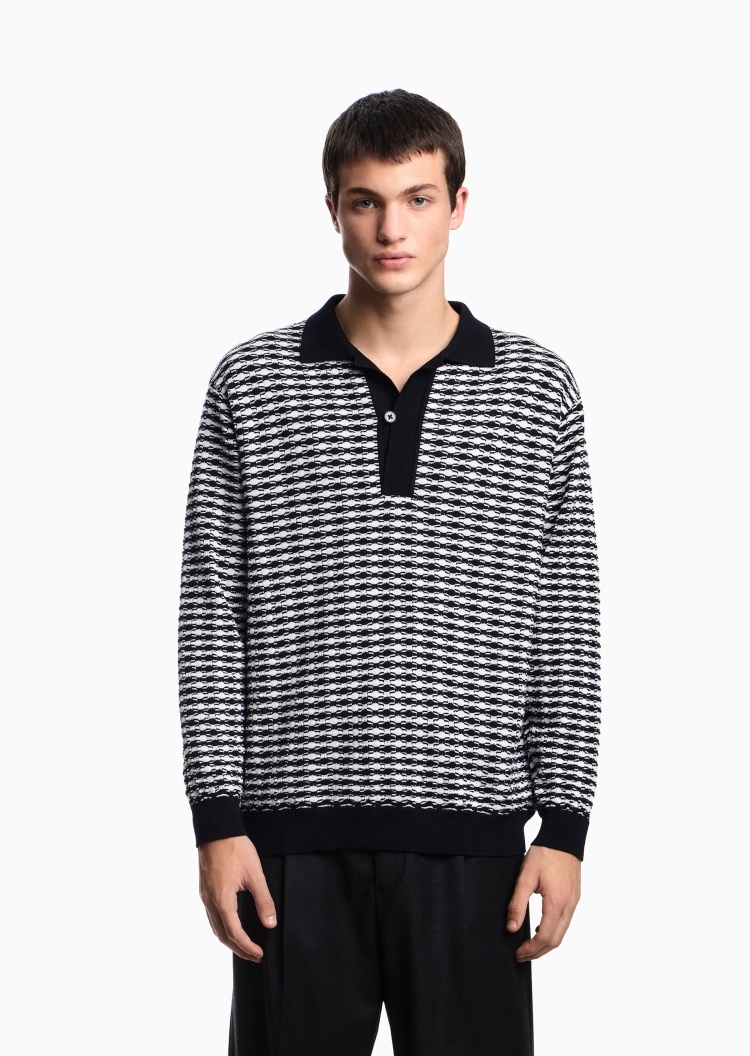 Emporio Armani 男士套头Polo翻领压花纹理针织绵羊毛衣