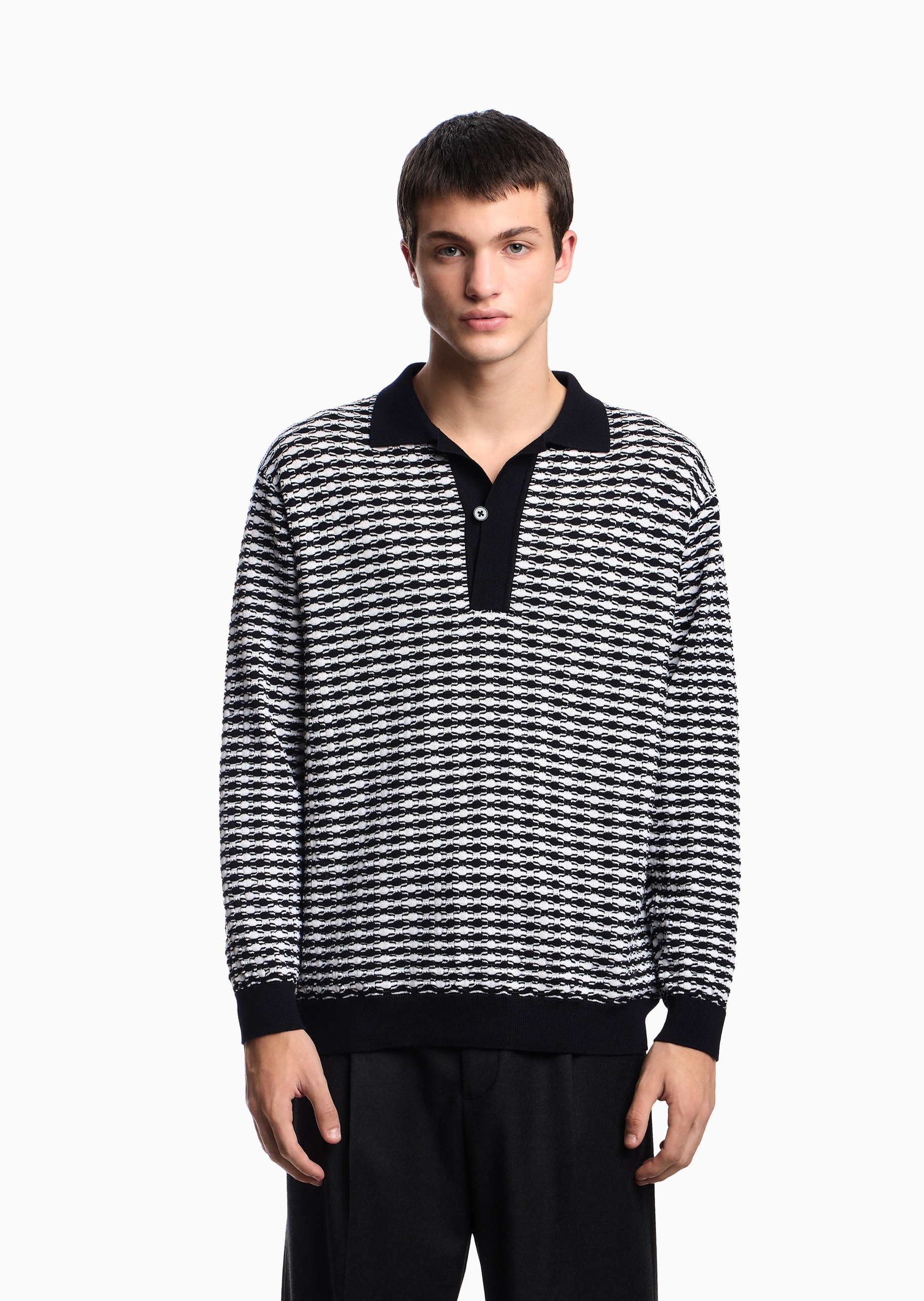 Emporio Armani 男士套头Polo翻领压花纹理针织绵羊毛衣