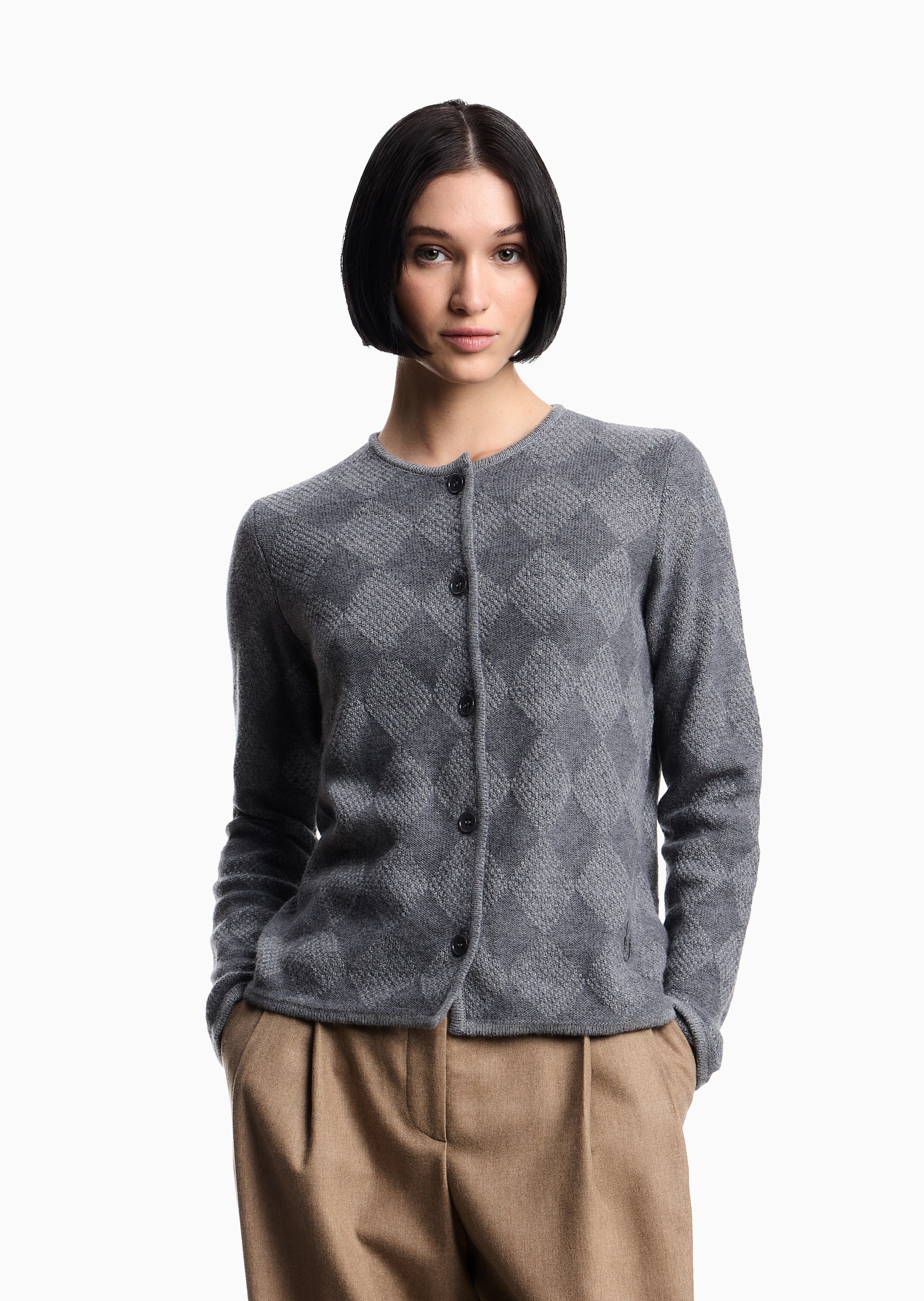 Emporio Armani 女士圆领绵羊毛菱形提花针织开衫