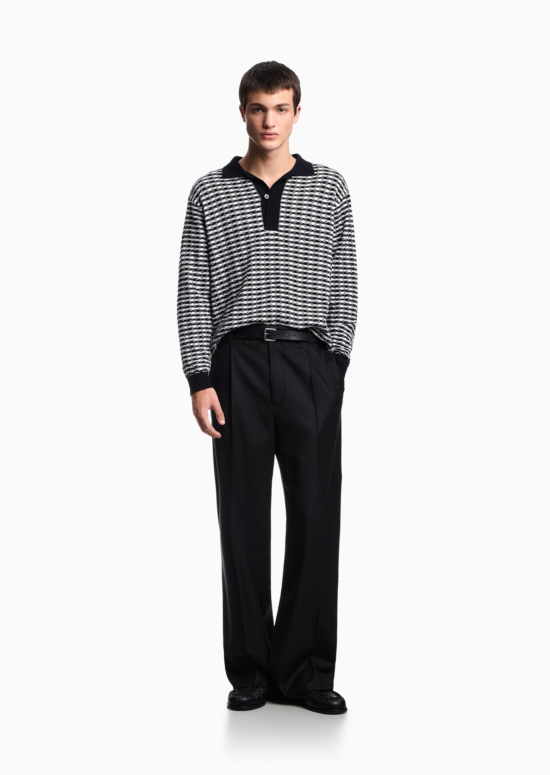 Emporio Armani 男士套头Polo翻领压花纹理针织绵羊毛衣