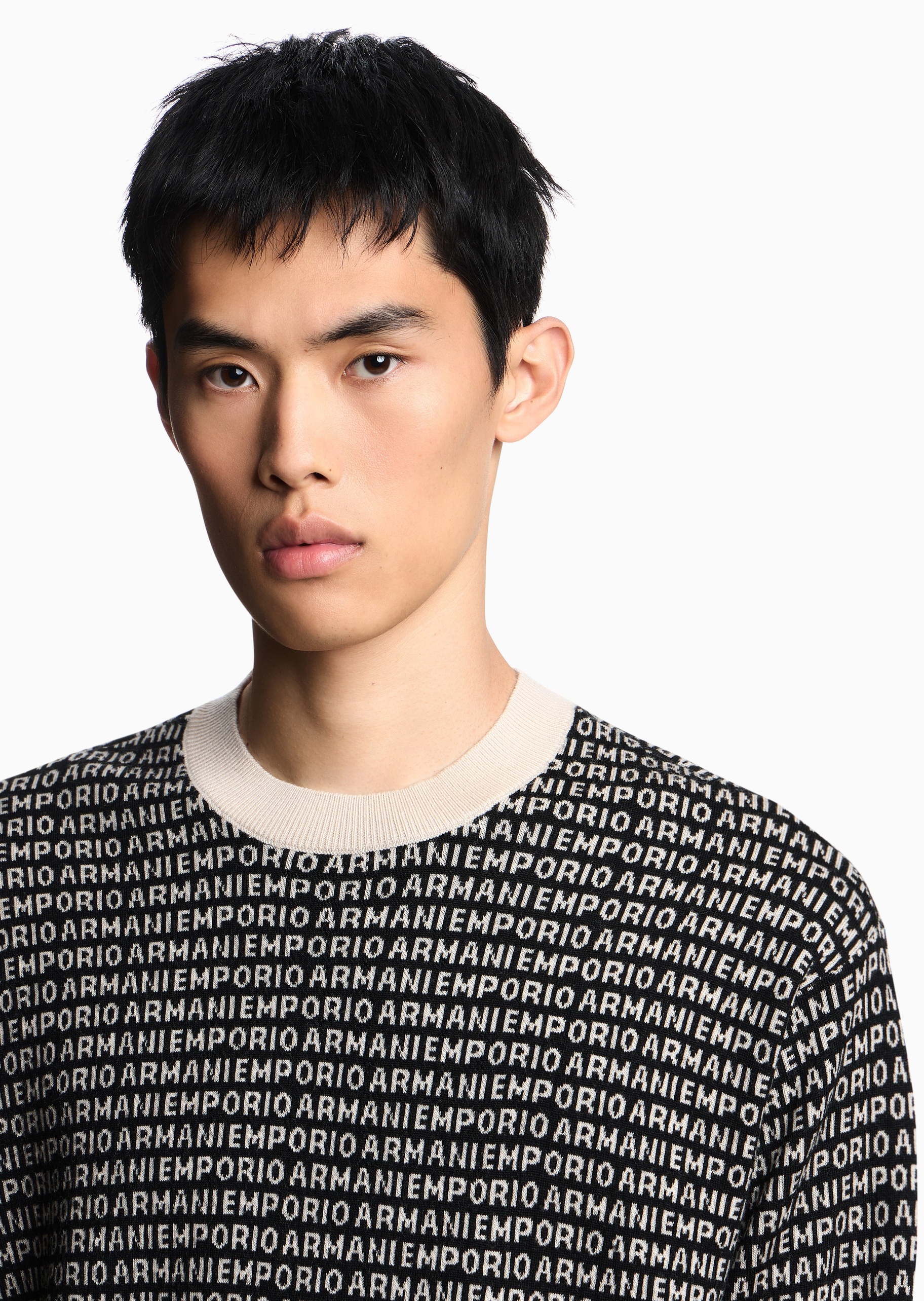 Emporio Armani 男士圆领绵羊毛提花商务套头针织毛衣