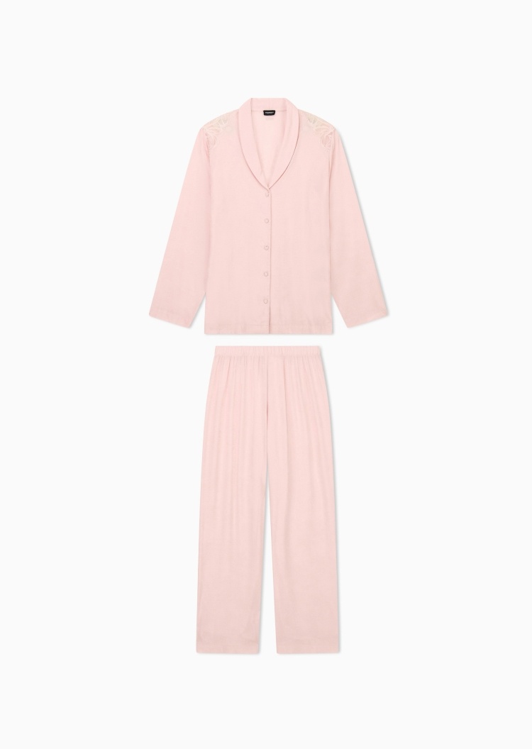Emporio Armani 女士青果领长袖衬衫长裤家居睡衣套装