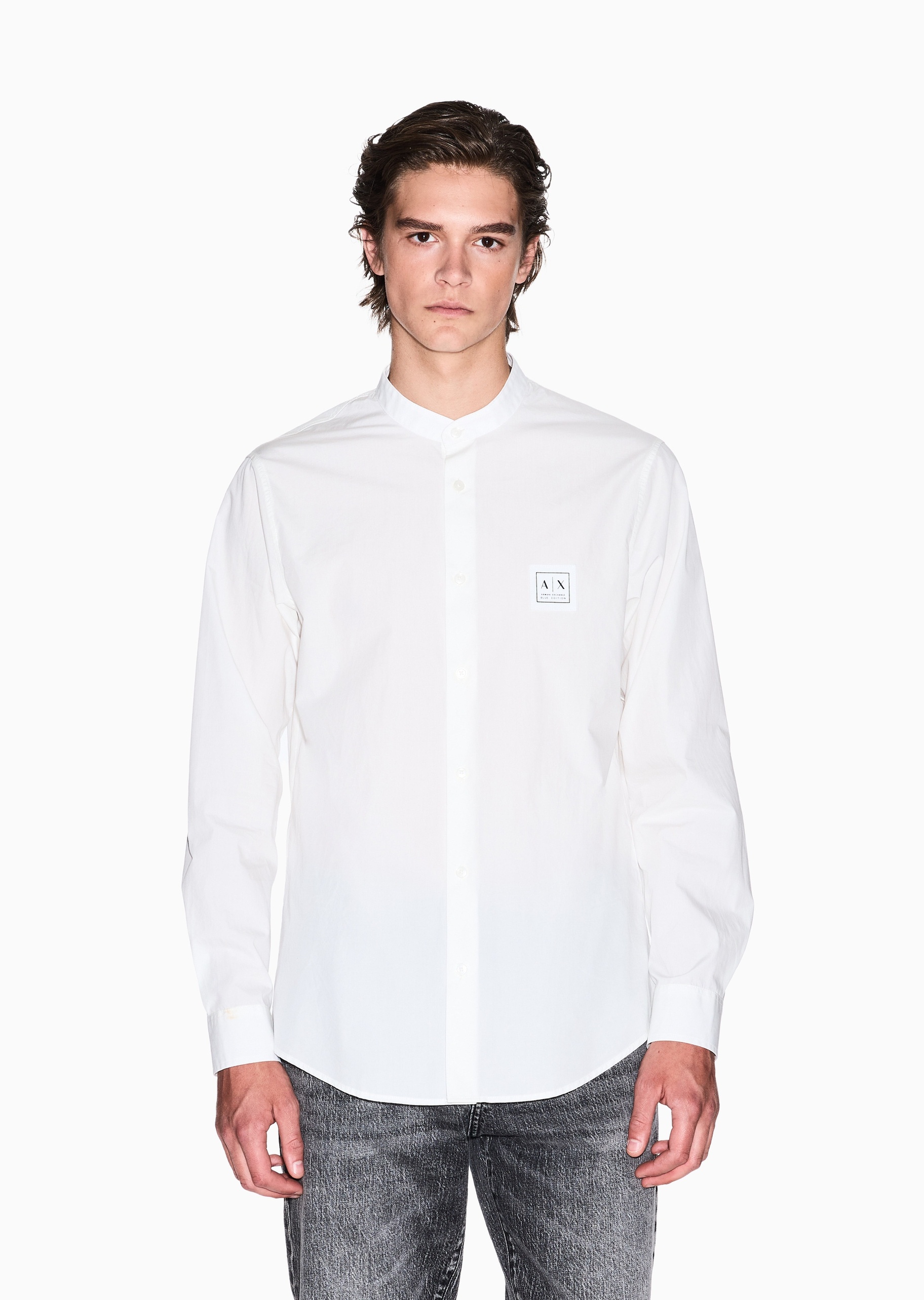 ARMANI EXCHANGE 男士全棉合身长袖小立领纯色衬衫