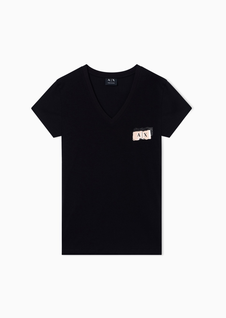 ARMANI EXCHANGE 女士弹力修身短袖V领正肩印花轻薄T恤