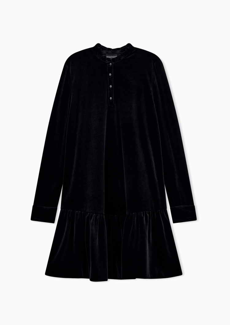 Emporio Armani 女士长袖短款圆领荷叶边丝绒优雅连衣裙