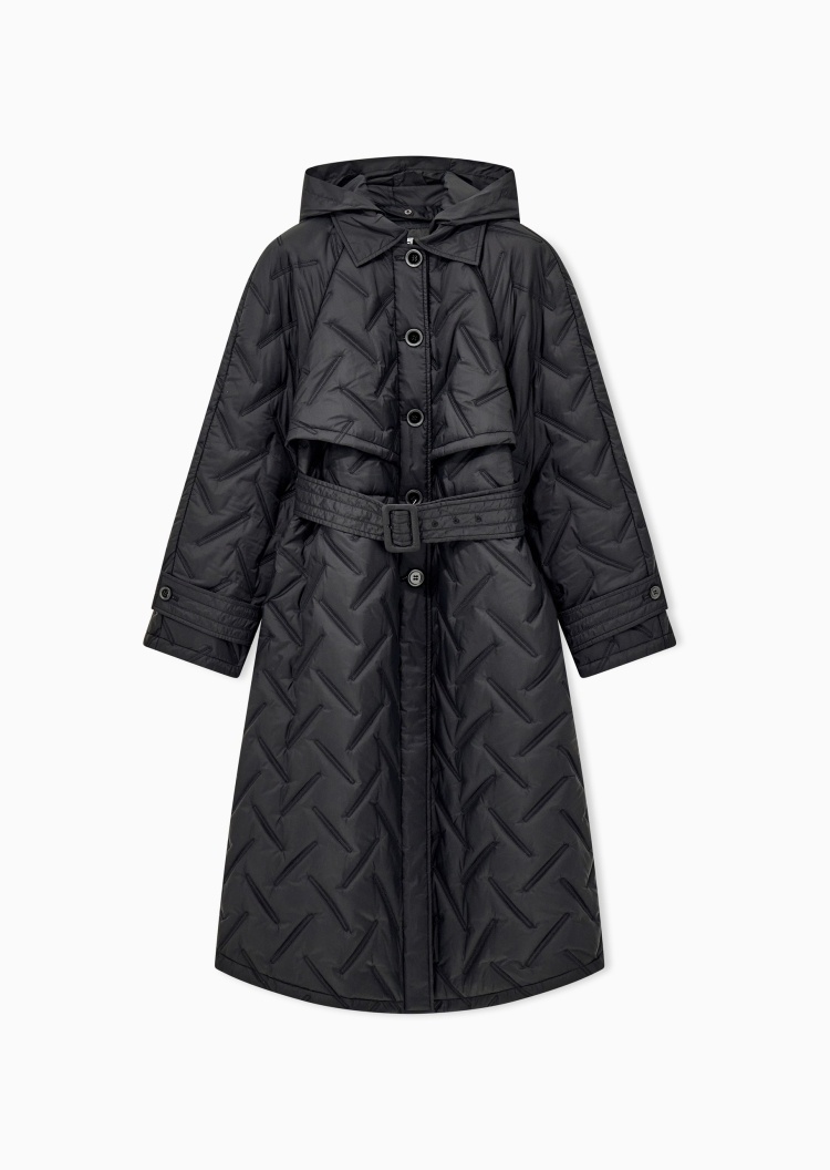 Emporio Armani 女士轻薄长款连帽绗缝收腰通勤棉服外套