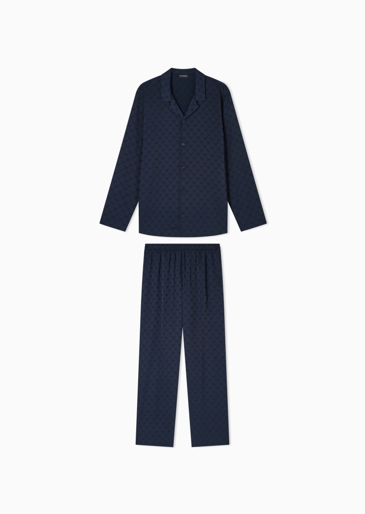 Emporio Armani 男士翻领长袖长裤通体提花家居睡衣套装