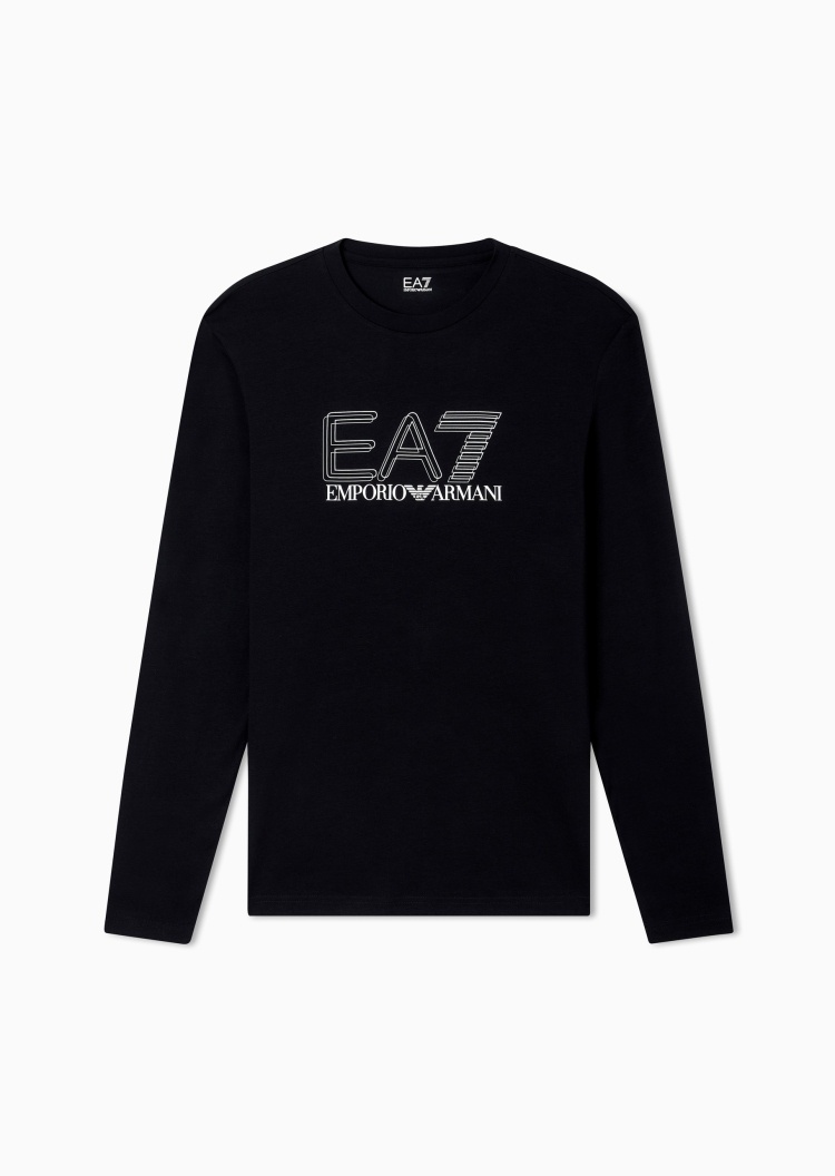 EA7 男士纯棉弹力合身长袖圆领撞色运动T恤