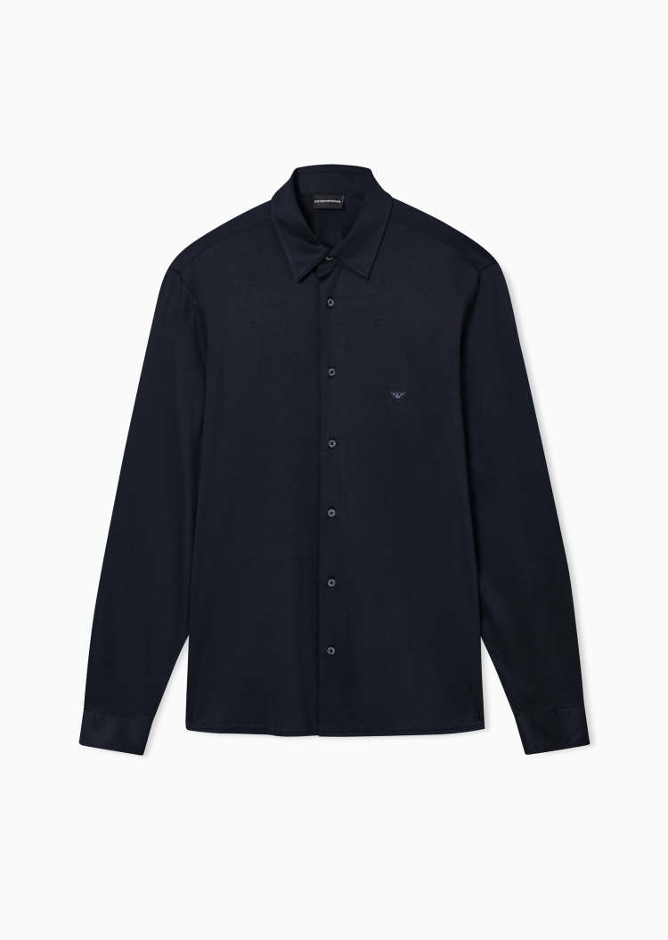 Emporio Armani 男士莱赛尔长袖翻领纯色刺绣衬衫