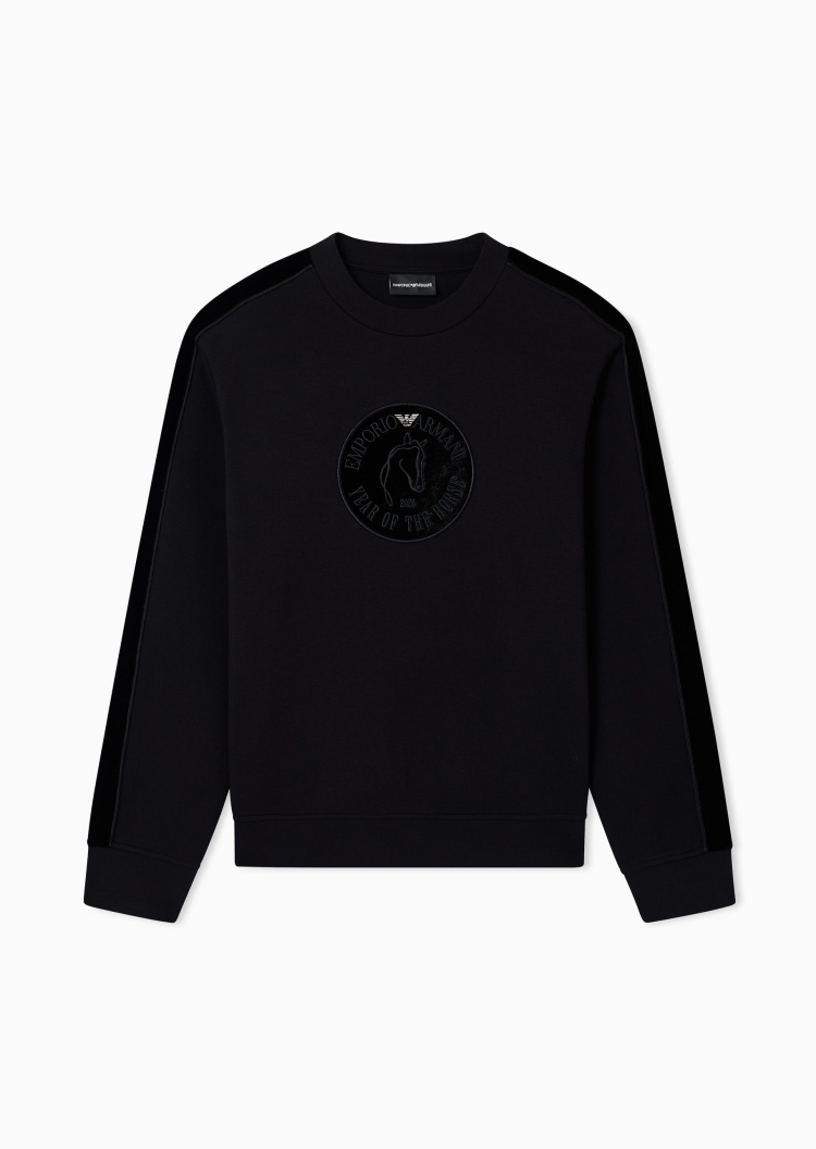 Emporio Armani 马年限定男士宽松长袖圆领拼接刺绣休闲卫衣