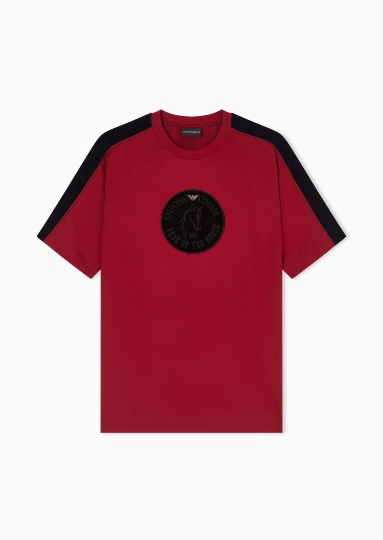 Emporio Armani 马年限定男士合身短袖圆领拼接刺绣T恤