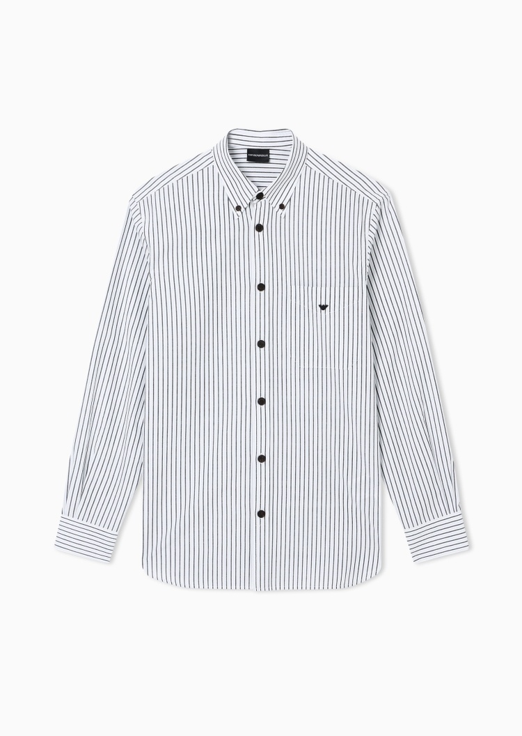 Emporio Armani 男士纯棉长袖翻领条纹刺绣休闲衬衫