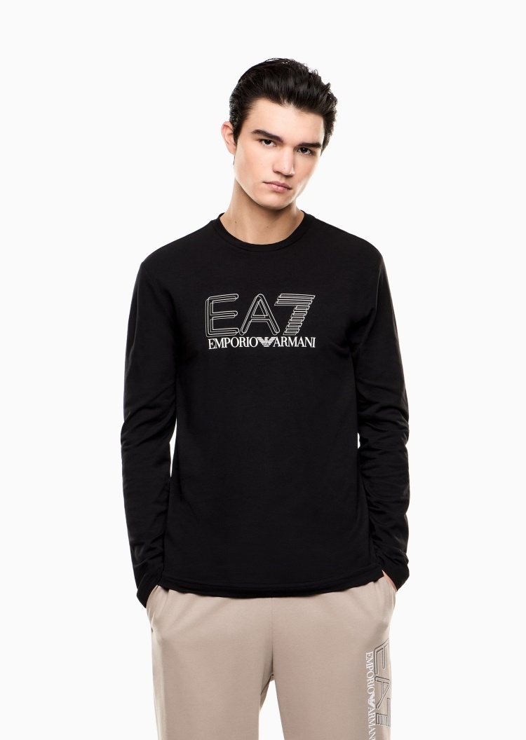 EA7 男士纯棉弹力合身长袖圆领撞色运动T恤