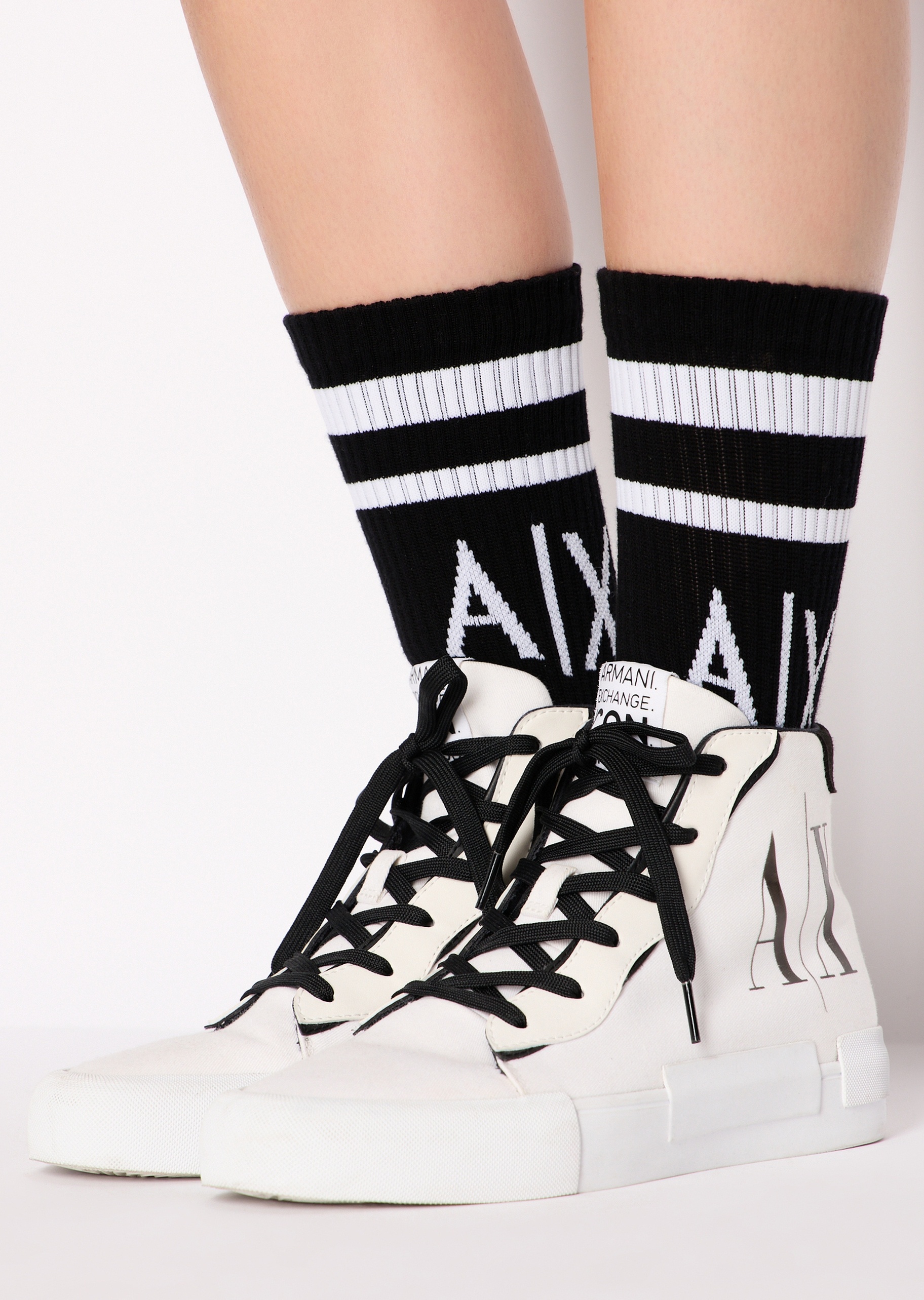 ARMANI EXCHANGE 女士两双装运动提花耐穿中筒堆堆棉袜