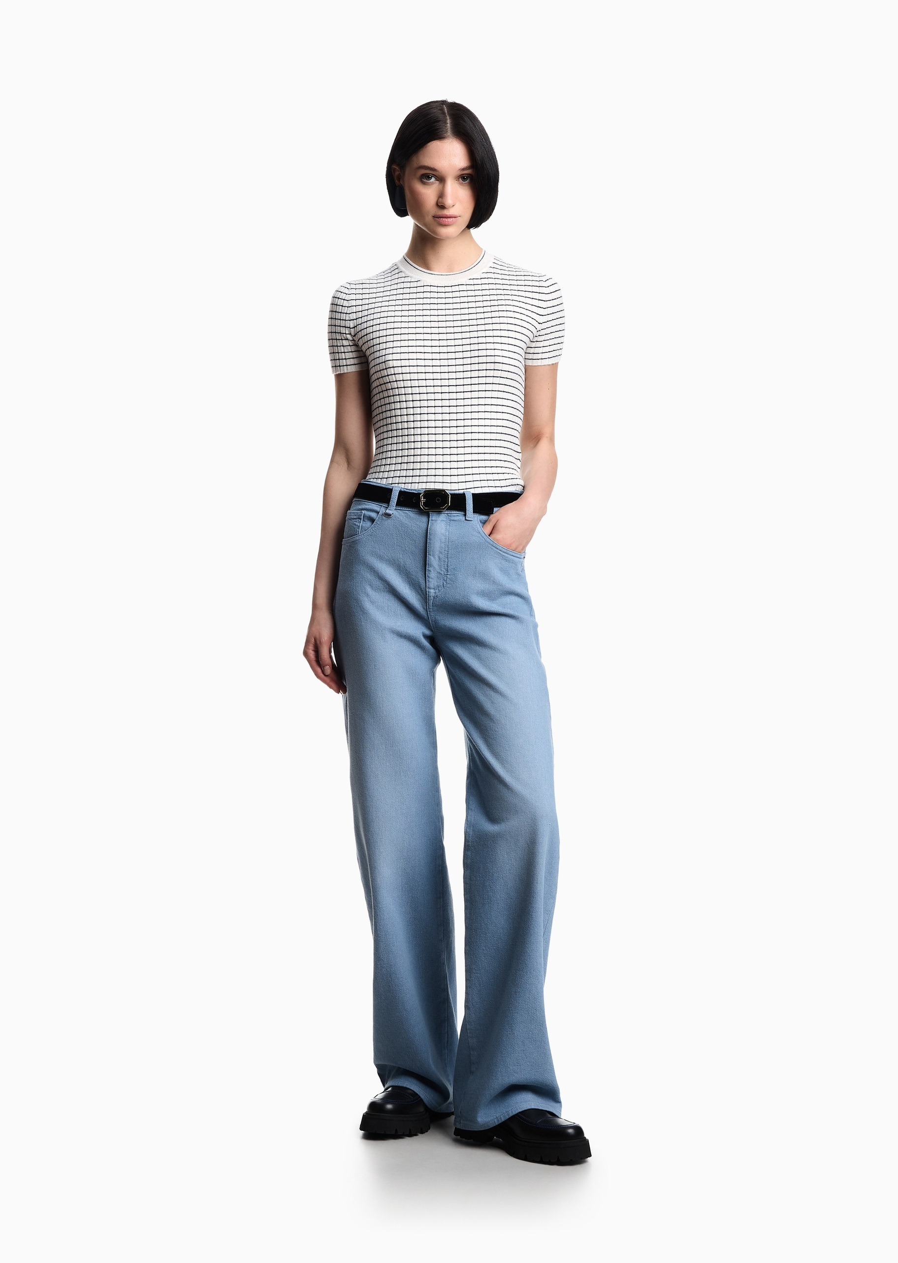 Emporio Armani 女士纯棉微弹合身中腰长款直筒牛仔裤