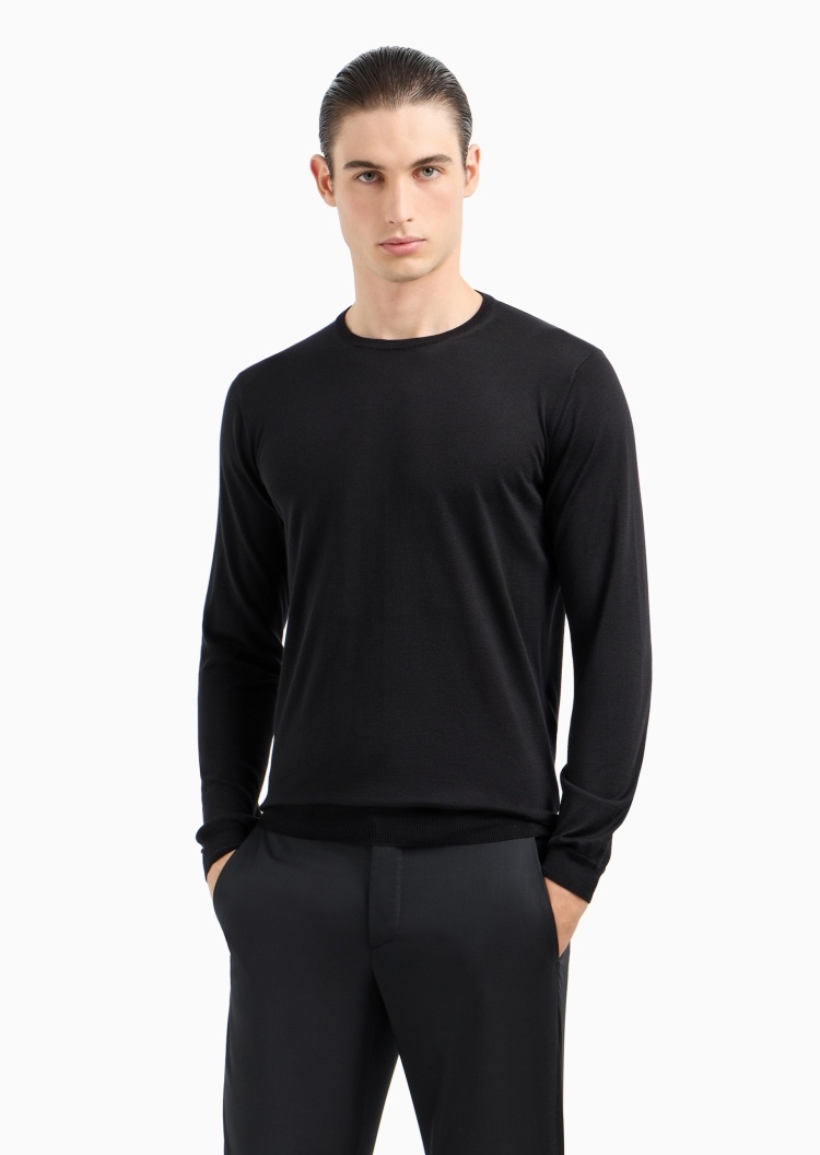 Giorgio Armani 男士桑蚕丝合身长袖圆领休闲纯色针织衫