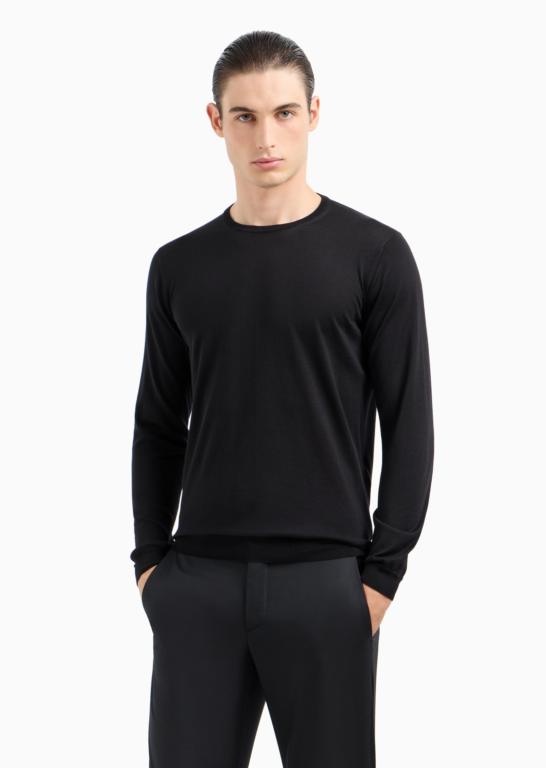 Giorgio Armani 男士桑蚕丝合身长袖圆领休闲纯色针织衫