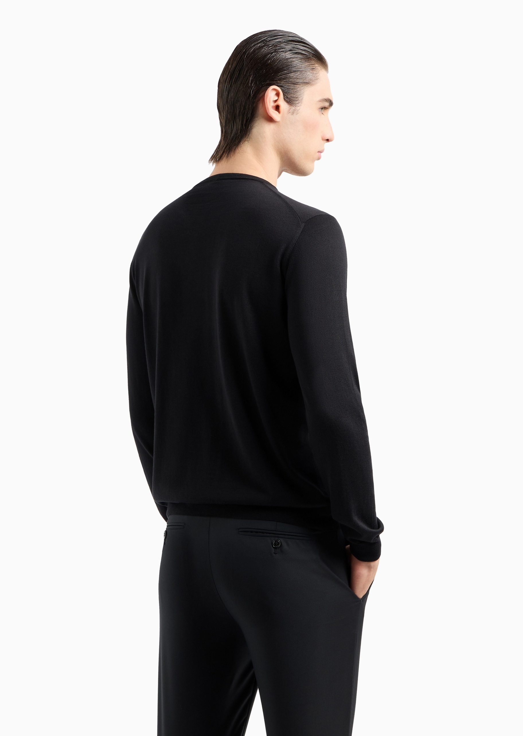 Giorgio Armani 男士桑蚕丝合身长袖圆领休闲纯色针织衫