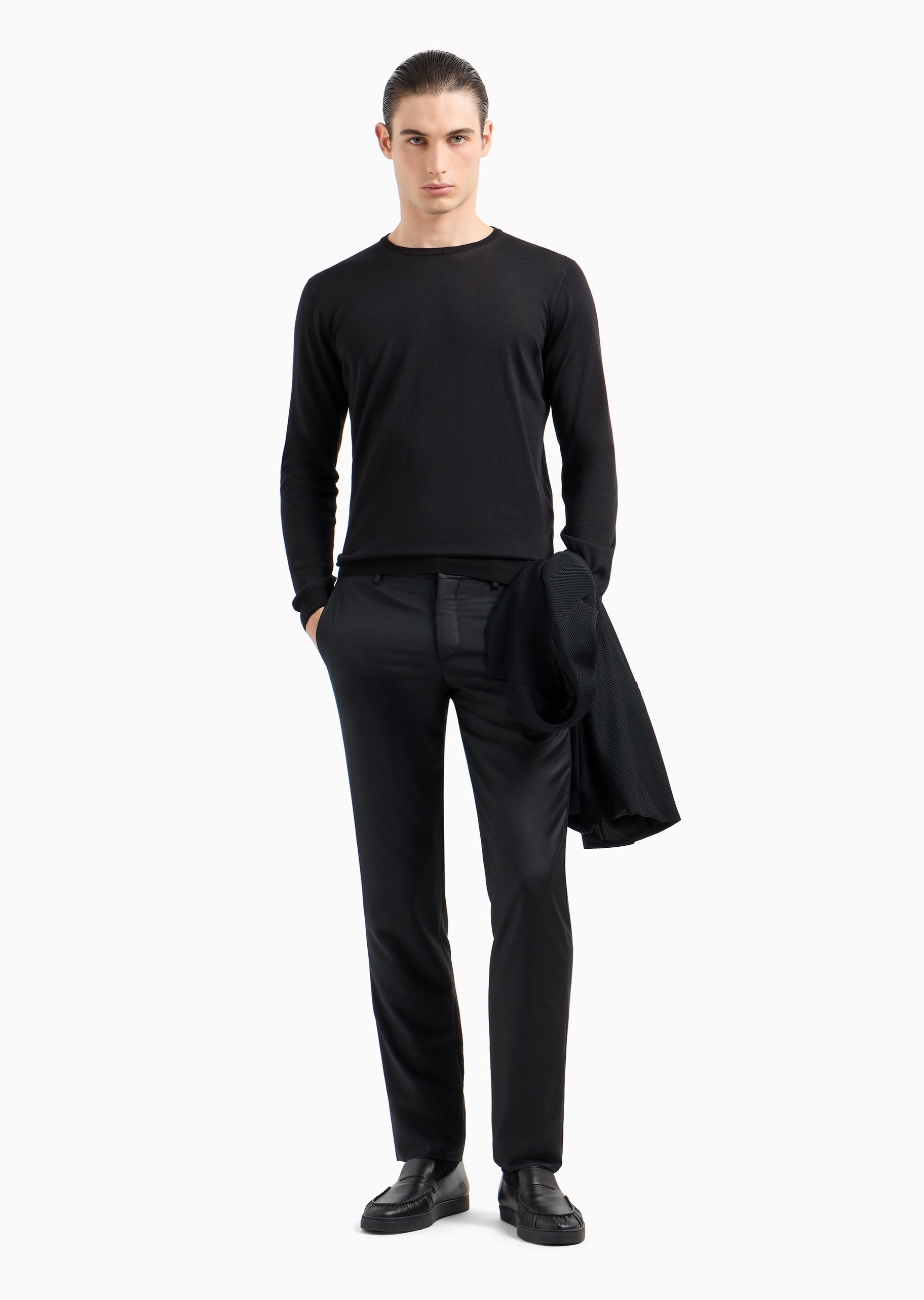 Giorgio Armani 男士桑蚕丝合身长袖圆领休闲纯色针织衫