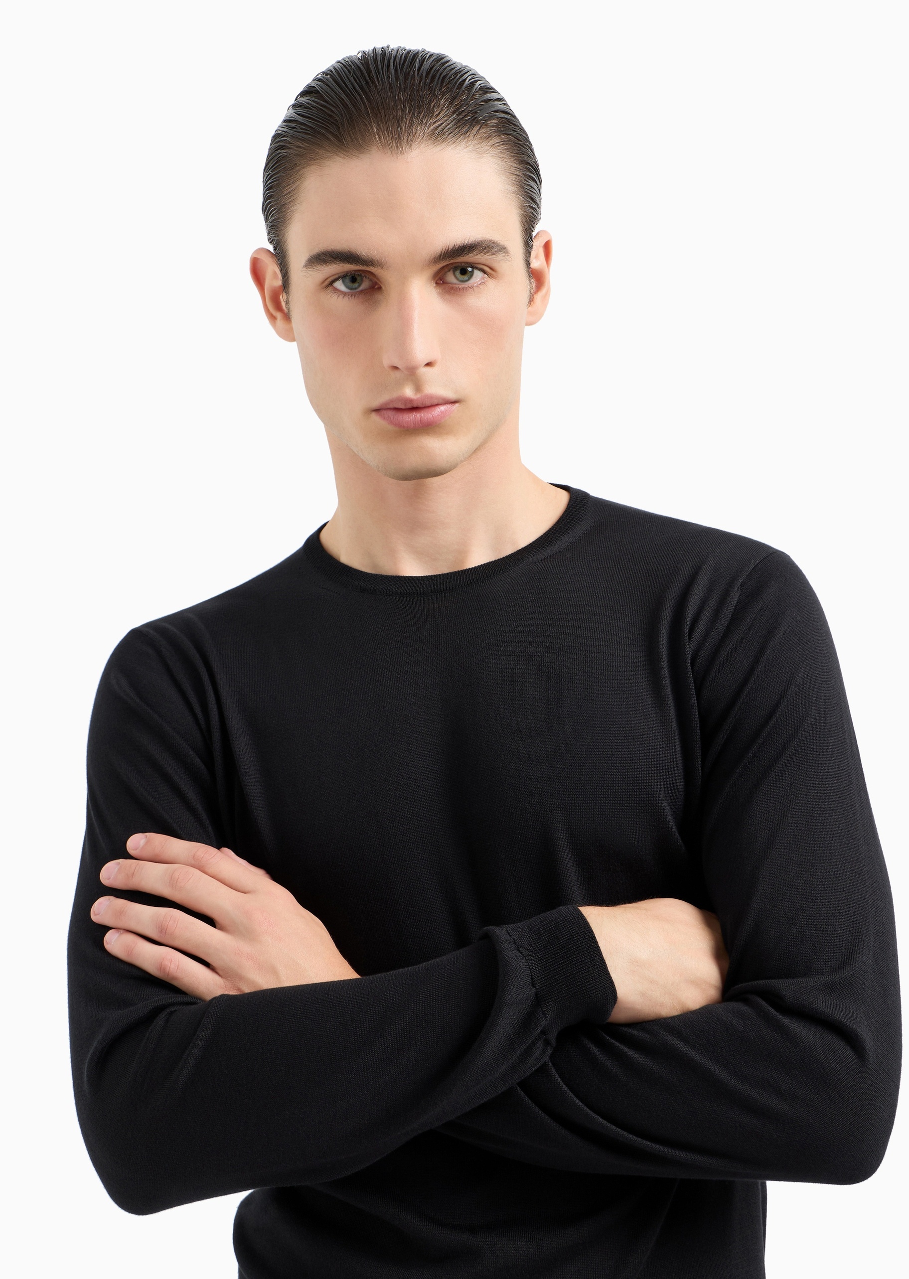 Giorgio Armani 男士桑蚕丝合身长袖圆领休闲纯色针织衫