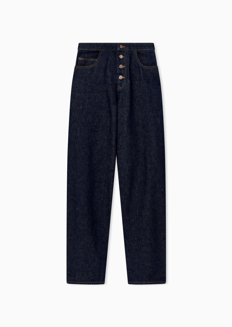 Emporio Armani 女士纯棉宽松高腰长款刺绣牛仔裤