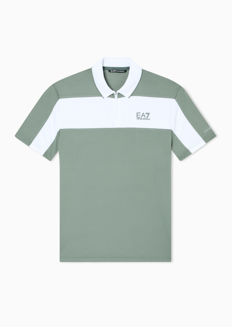 EA7 男士弹力短袖翻领网球半拉链撞色Polo衫