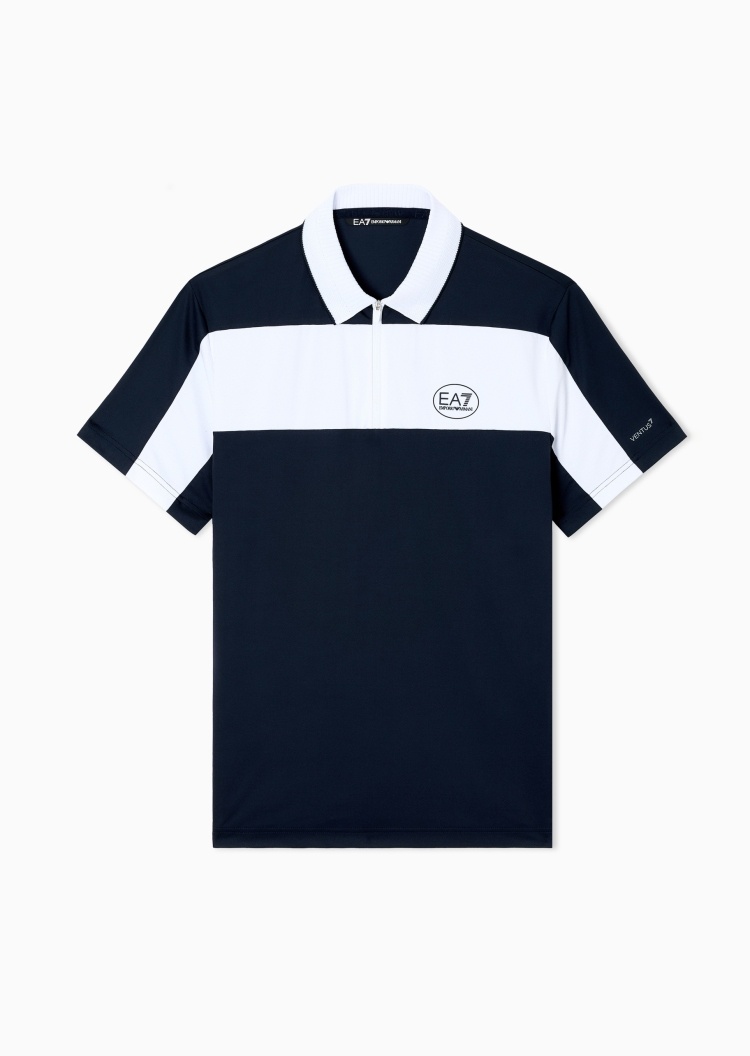 EA7 男士弹力短袖翻领网球半拉链撞色Polo衫
