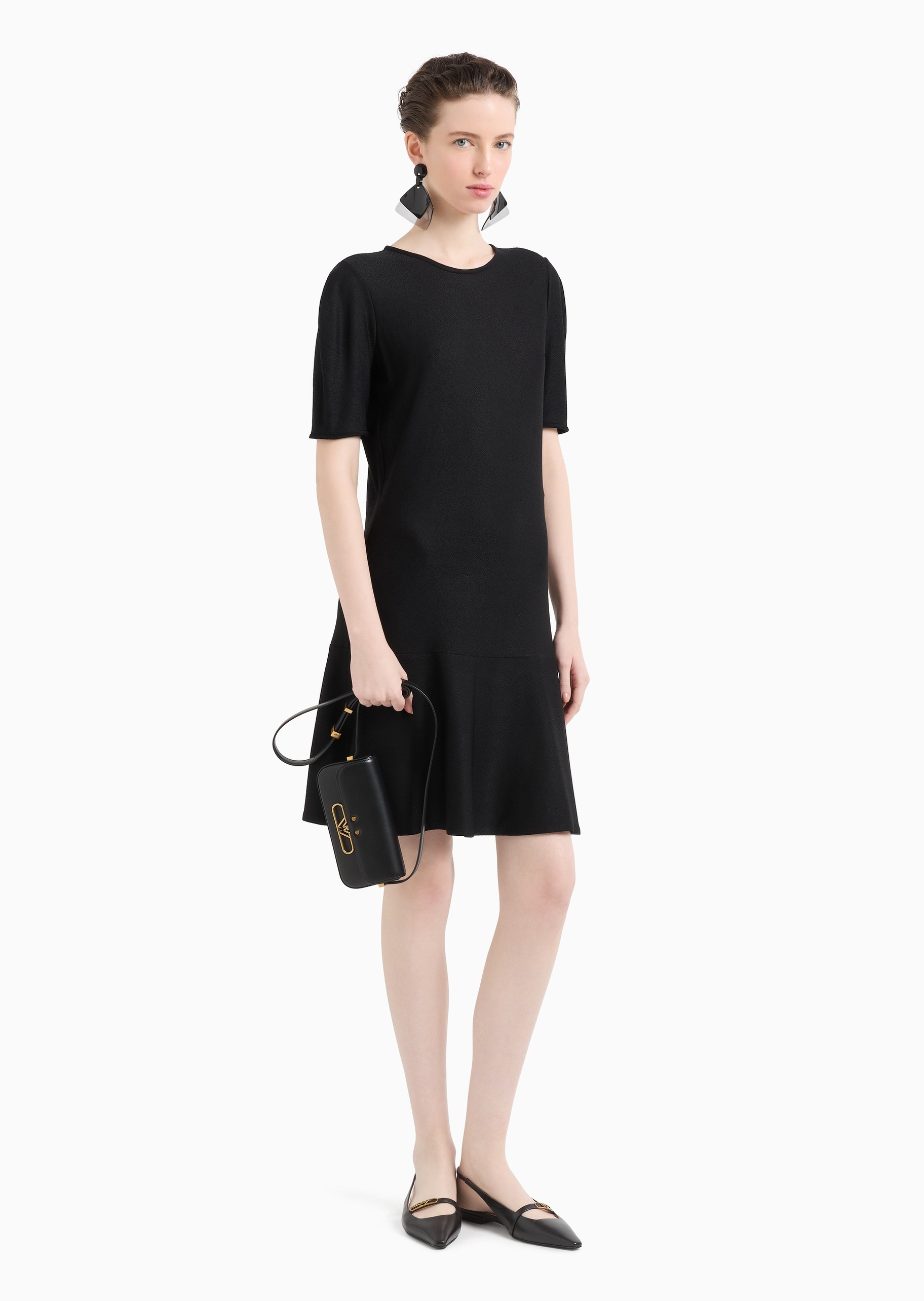 Emporio Armani 女士人造棉微弹短款荷叶边纯色连衣裙