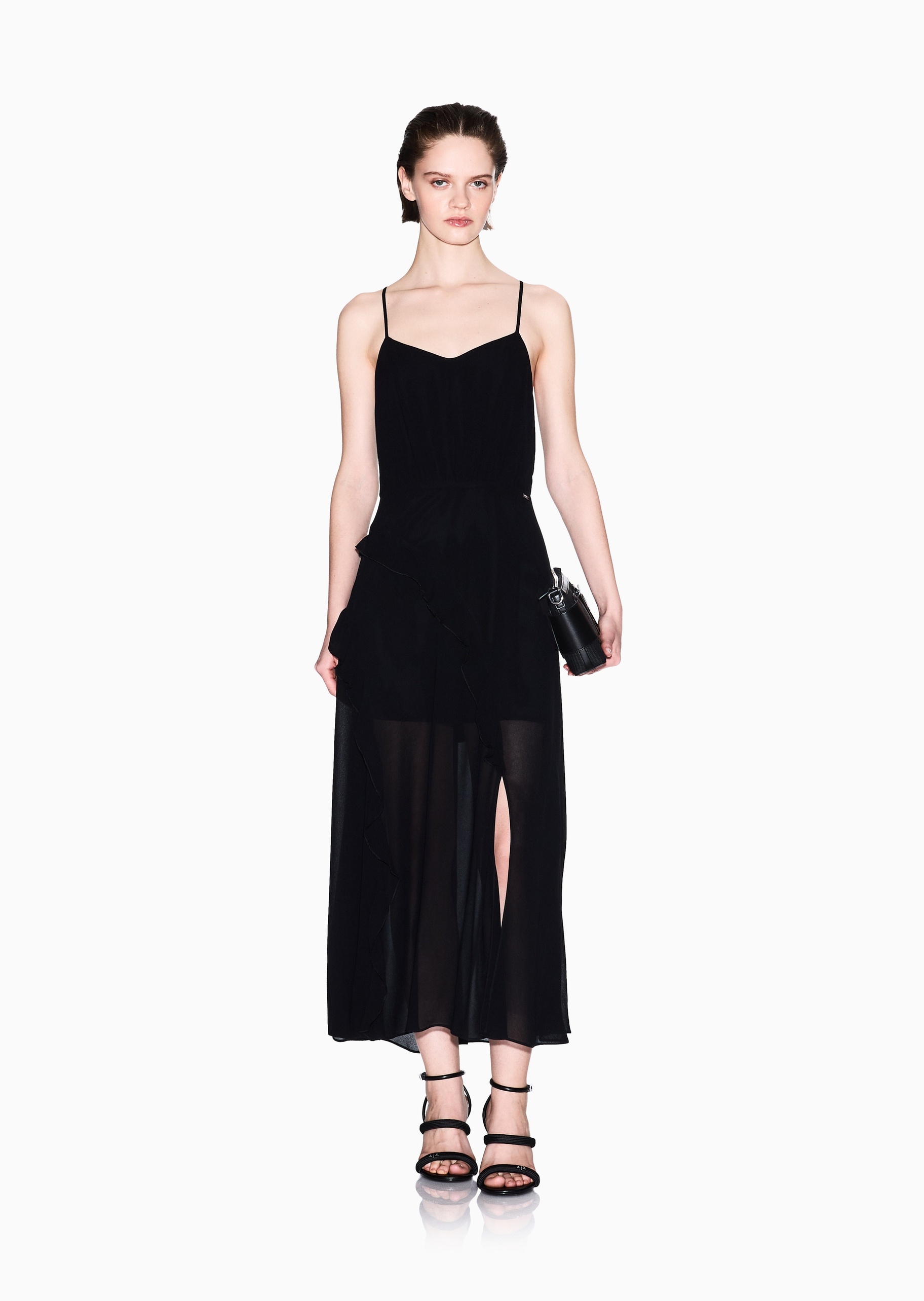 ARMANI EXCHANGE 女士人造棉吊带中长款绉纱拼接连衣裙