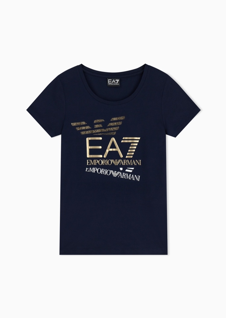 EA7 女士弹力修身短袖圆领正肩水钻印花T恤