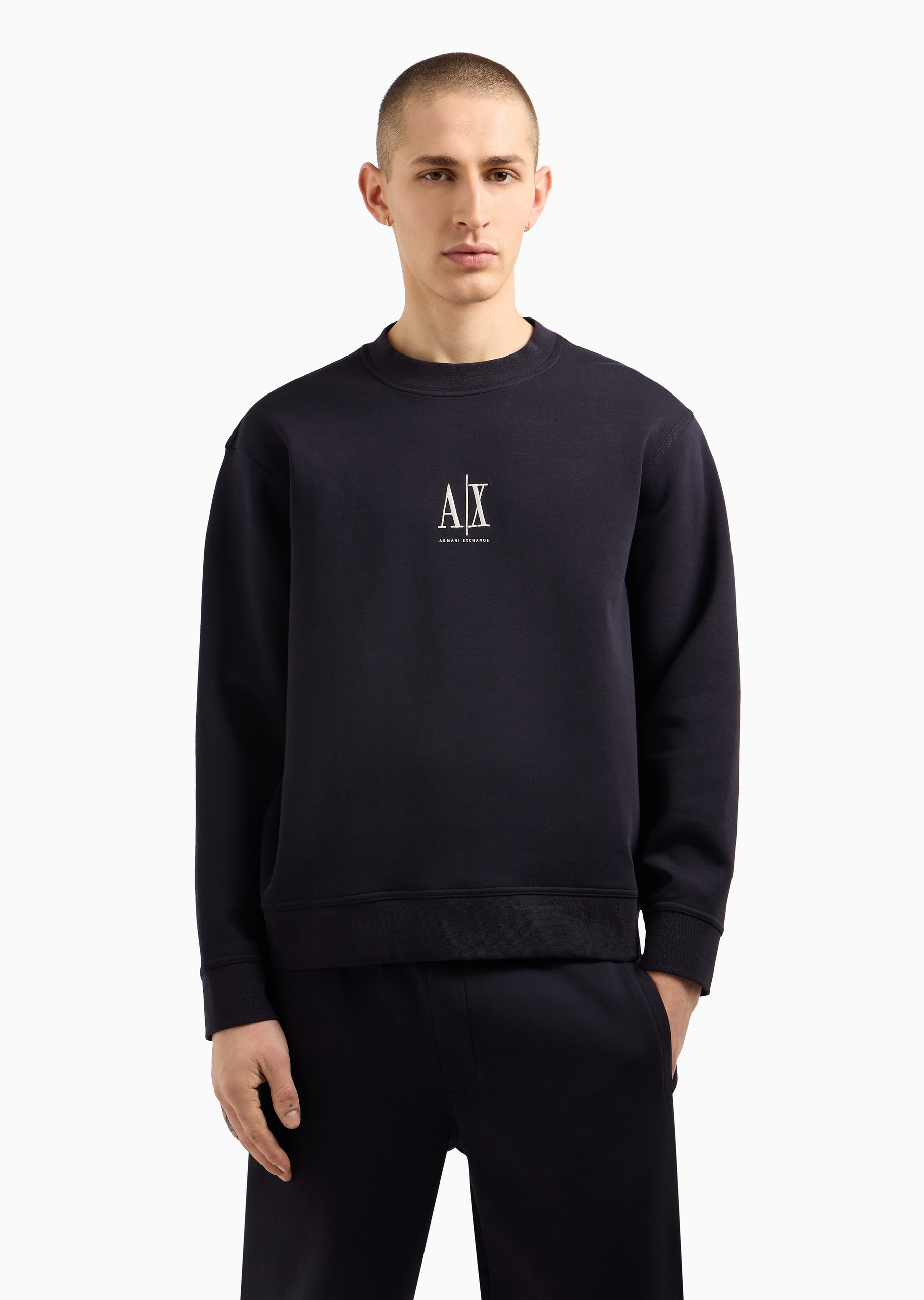 ARMANI EXCHANGE 男士棉质微弹合身长袖圆领LOGO刺绣卫衣