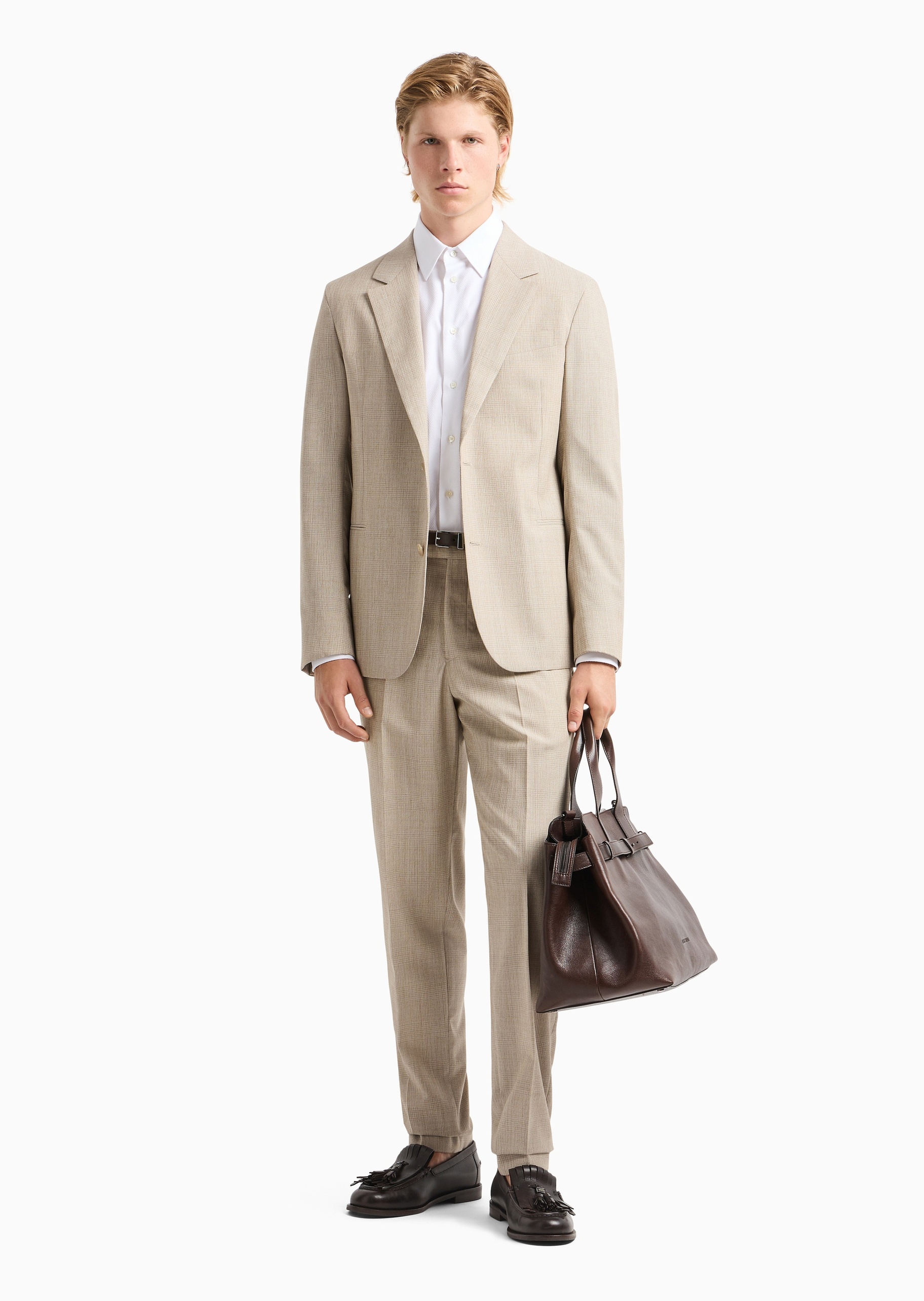 Emporio Armani 男士全棉合身长袖翻领微型花纹纯色衬衫