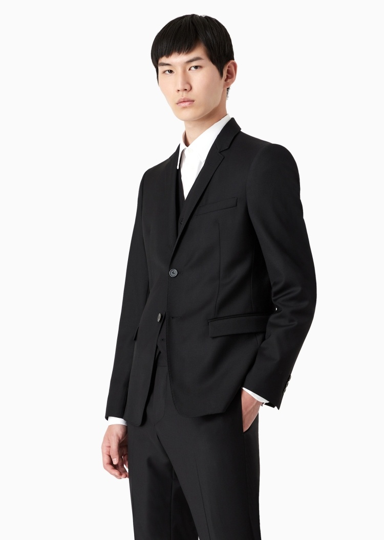 Emporio Armani 男士全绵羊毛合身长袖平驳领西装外套