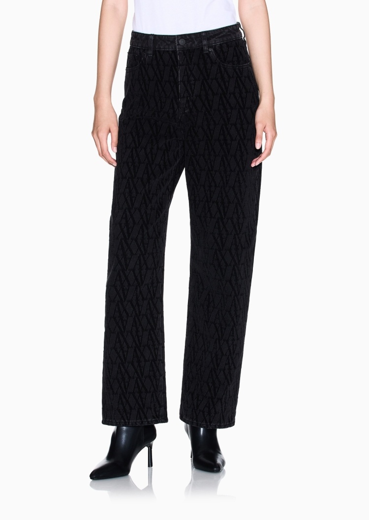 ARMANI EXCHANGE 女士宽松高腰加长直筒满印做旧水洗牛仔裤