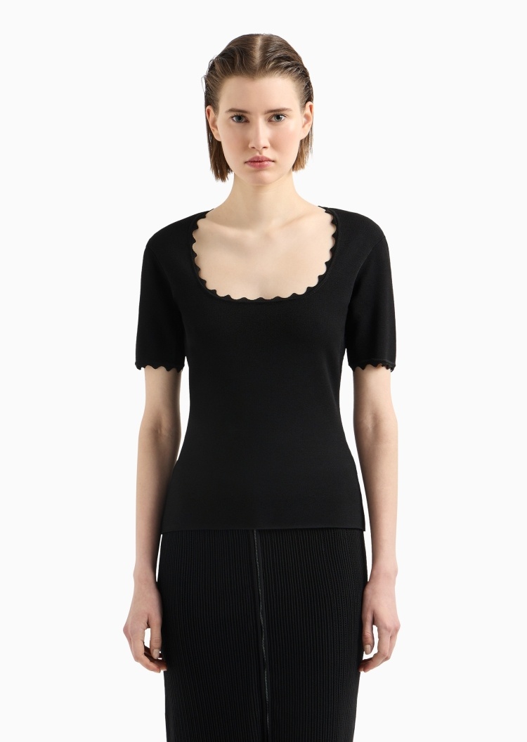 Emporio Armani 女士修身短袖圆领花边纯色针织衫