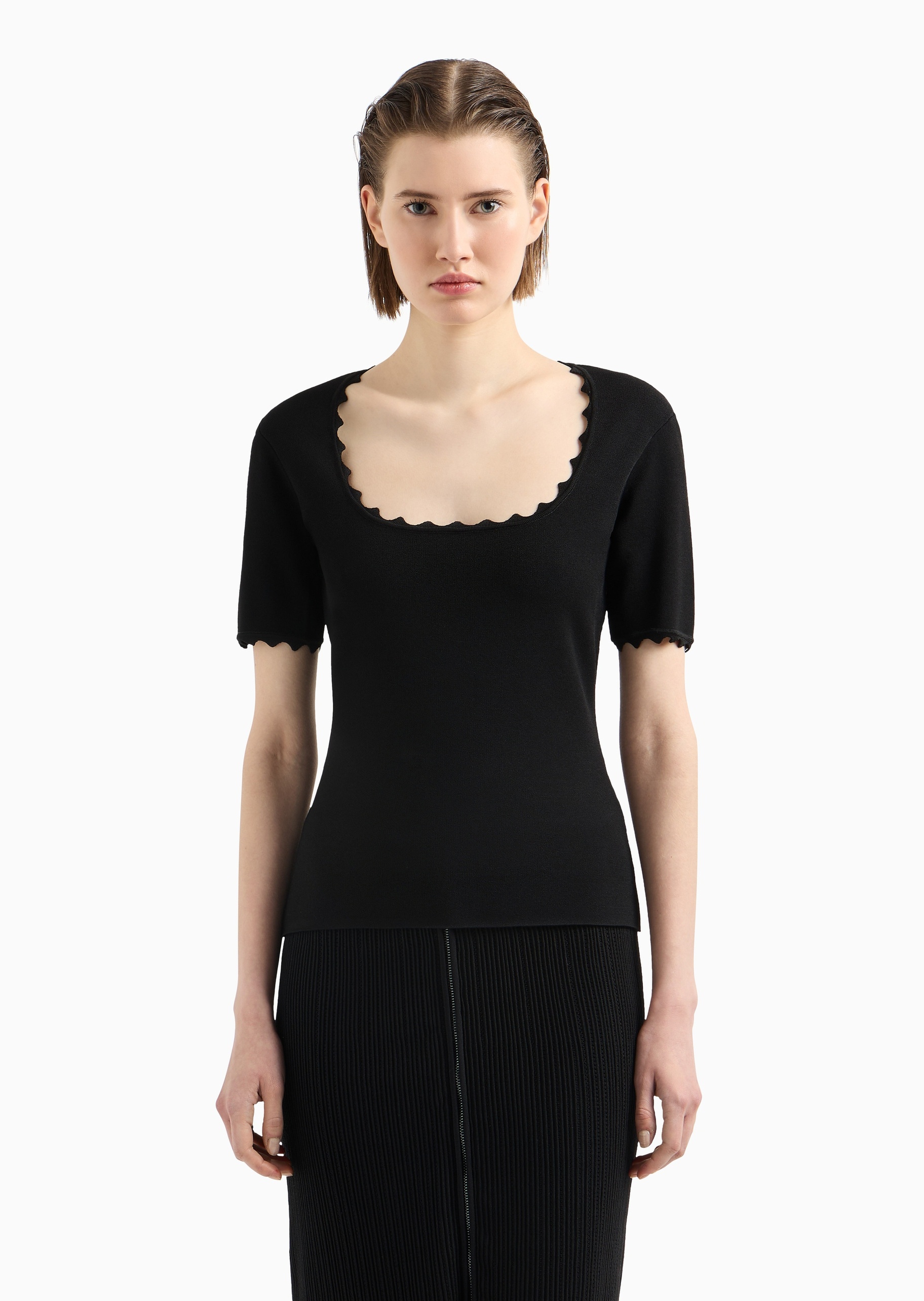 Emporio Armani 女士修身短袖圆领花边纯色针织衫