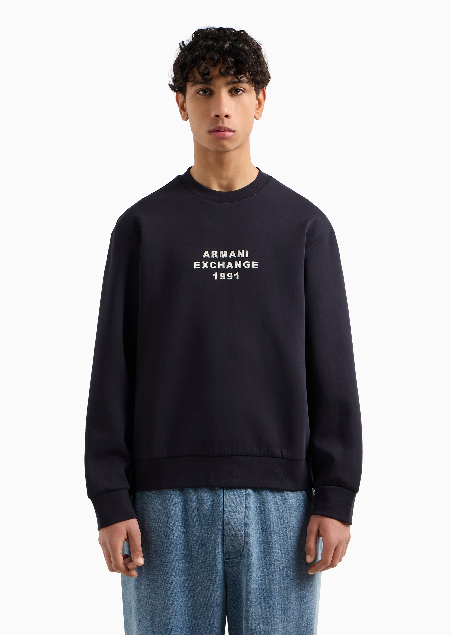 ARMANI EXCHANGE 男士棉质微弹宽松长袖圆领LOGO刺绣卫衣